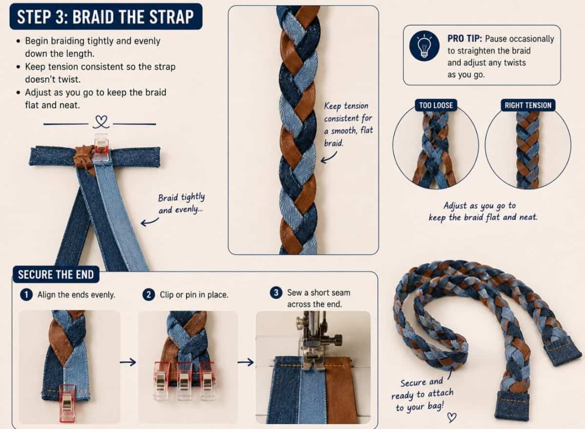 braiding the denim bag strap instructions