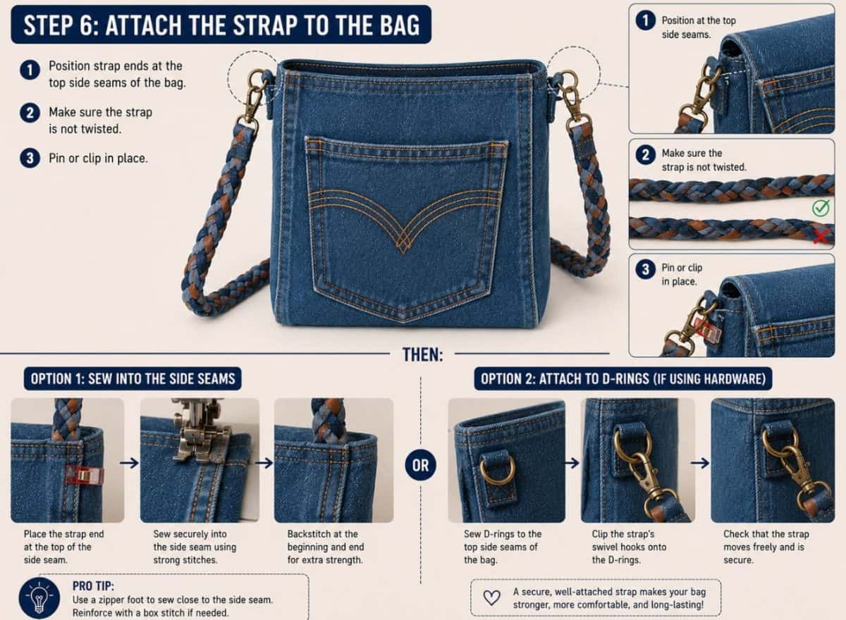 attaching braided denim strap to bag