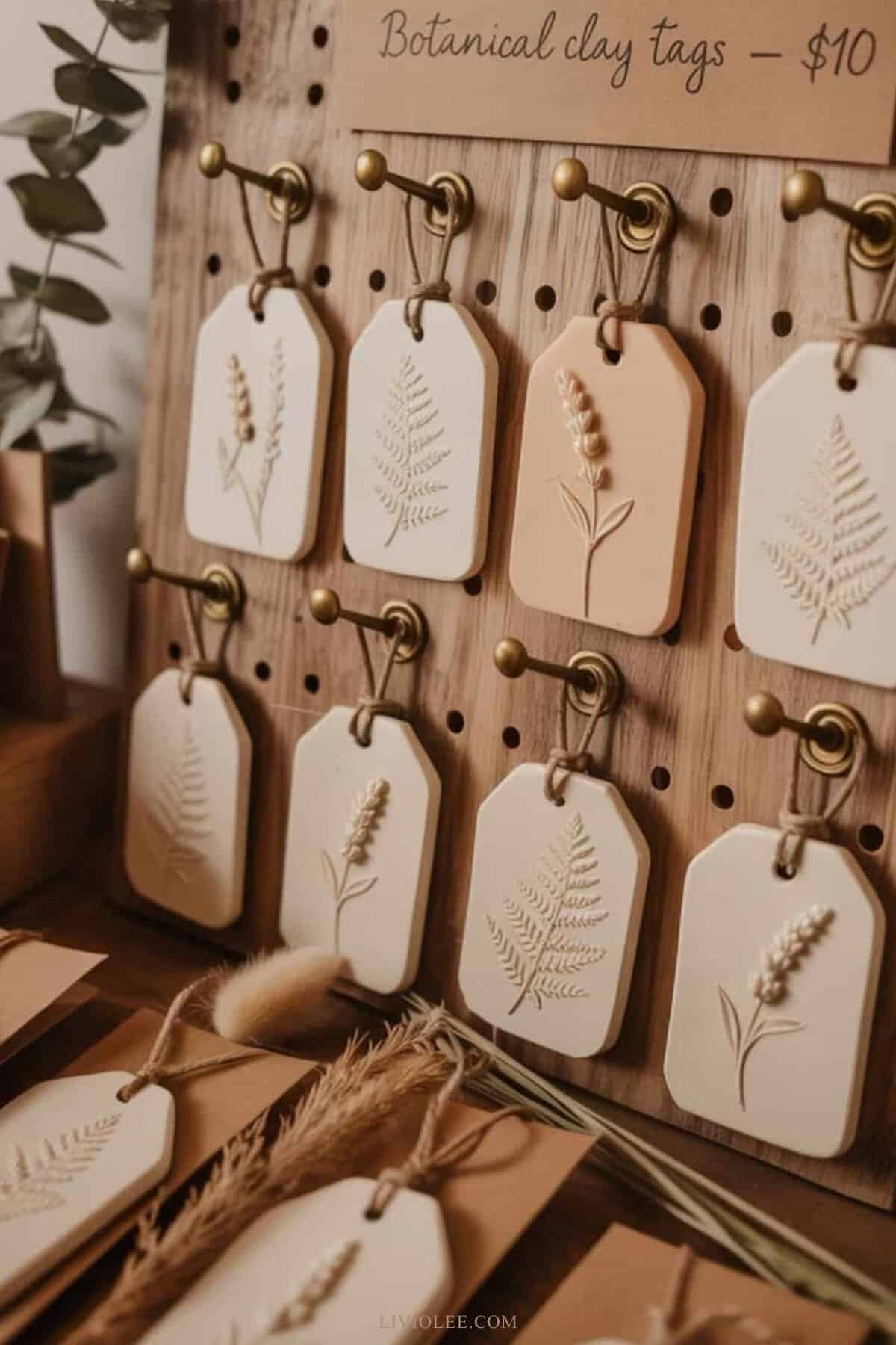 botanical clay tags displayed on a rustic wooden board