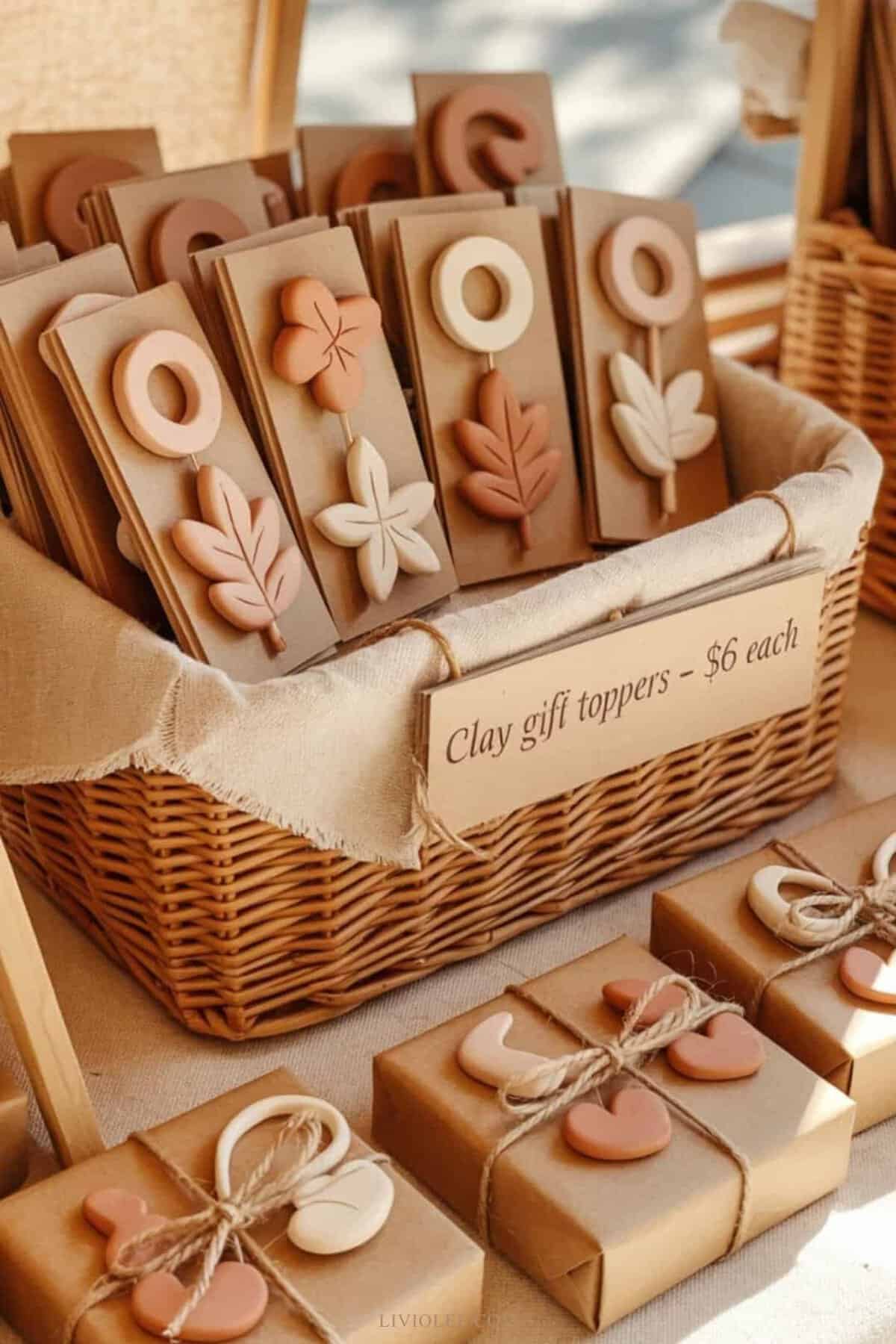 	
clay gift toppers arranged at a craft fair booth