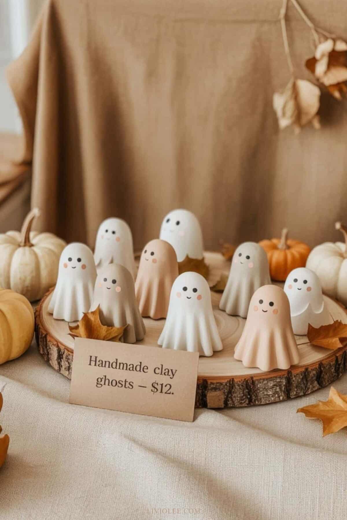 handmade clay ghost figurines displayed at a craft market