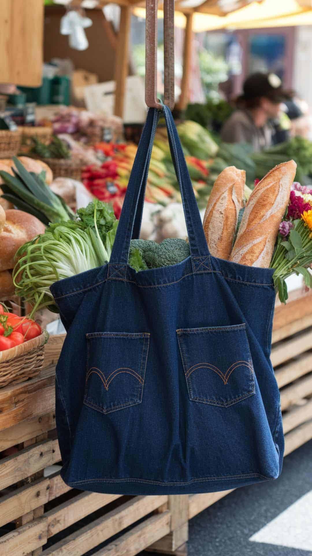 denim reusable grocery bags