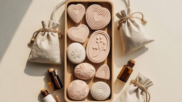 collection of clay diffuser stones, oils and gift bags