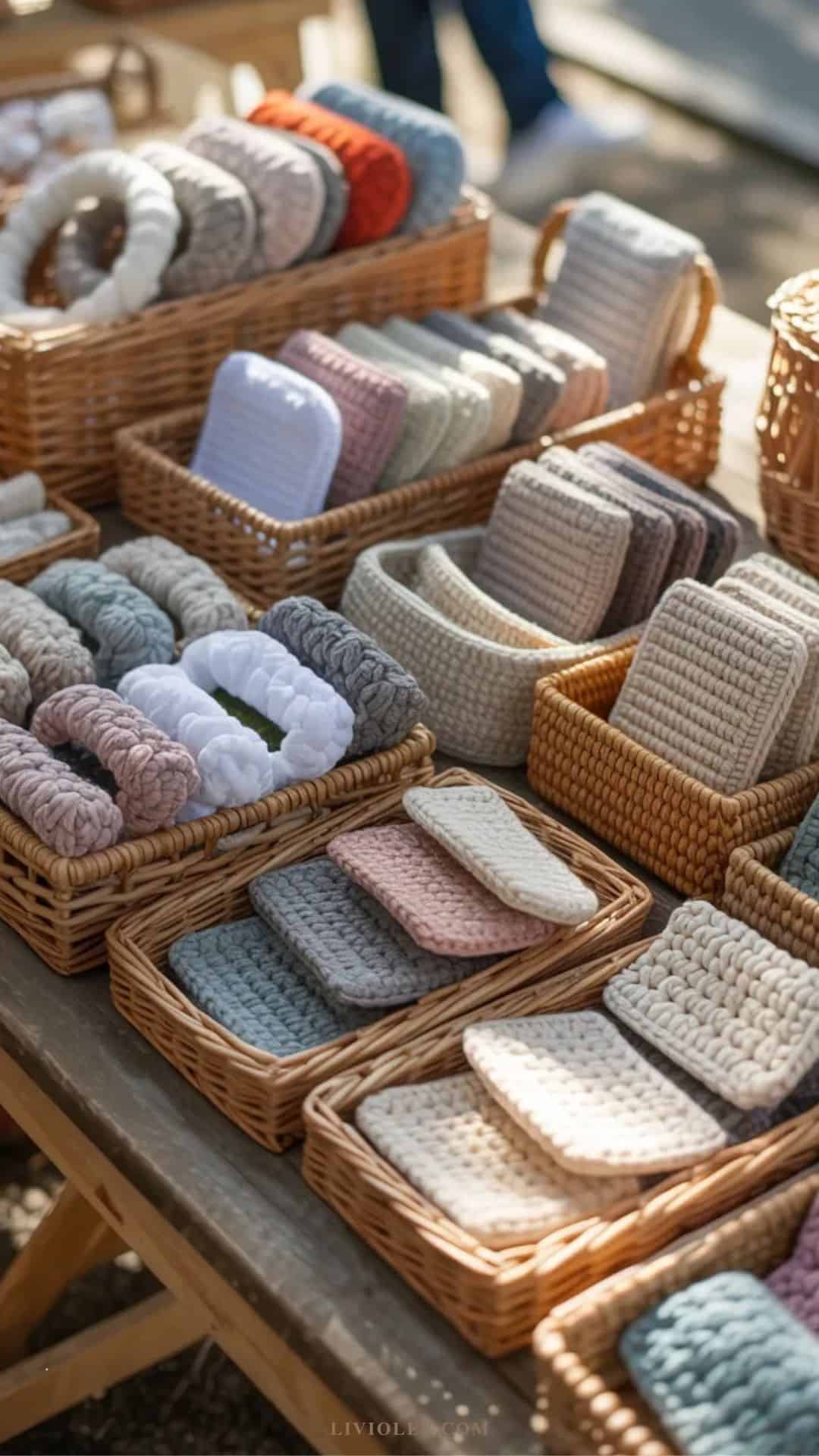 crochet craft items on a market table