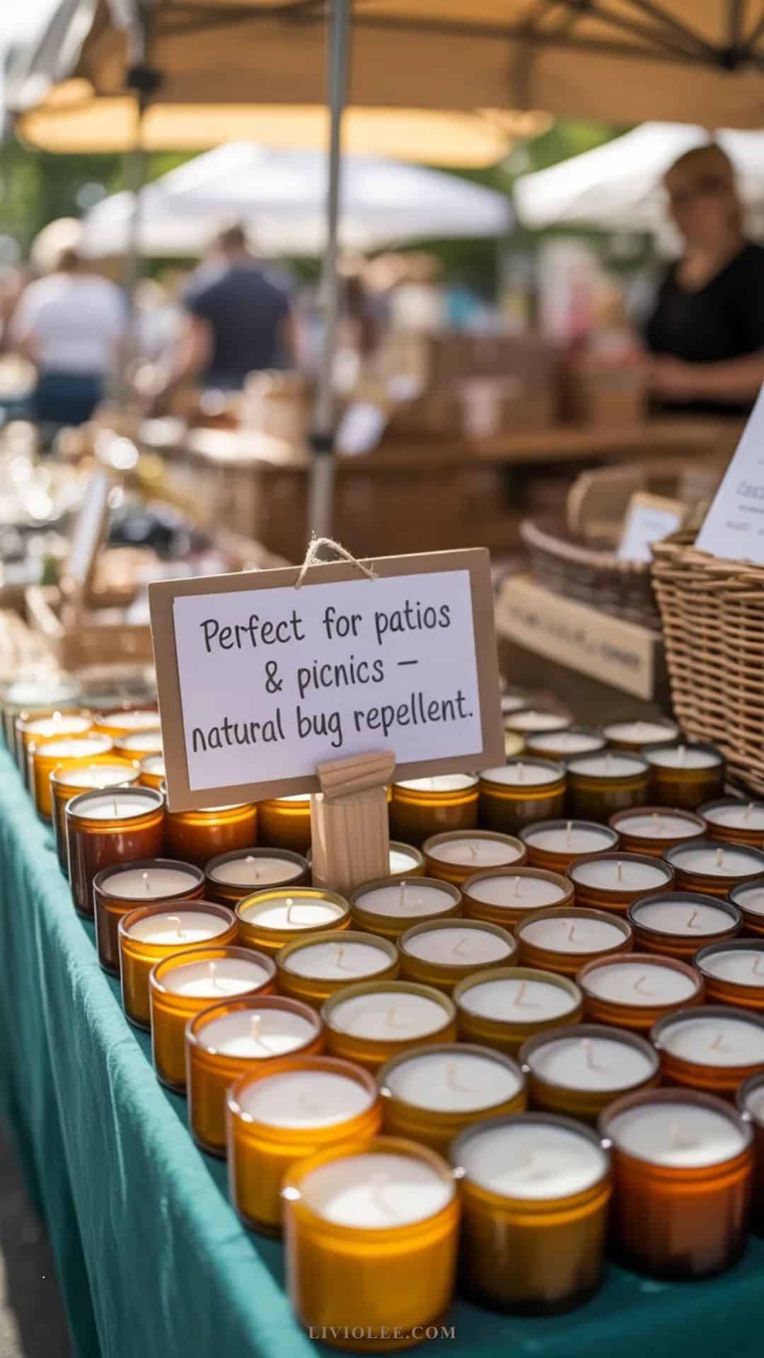 citronella candles on display at a farmers market