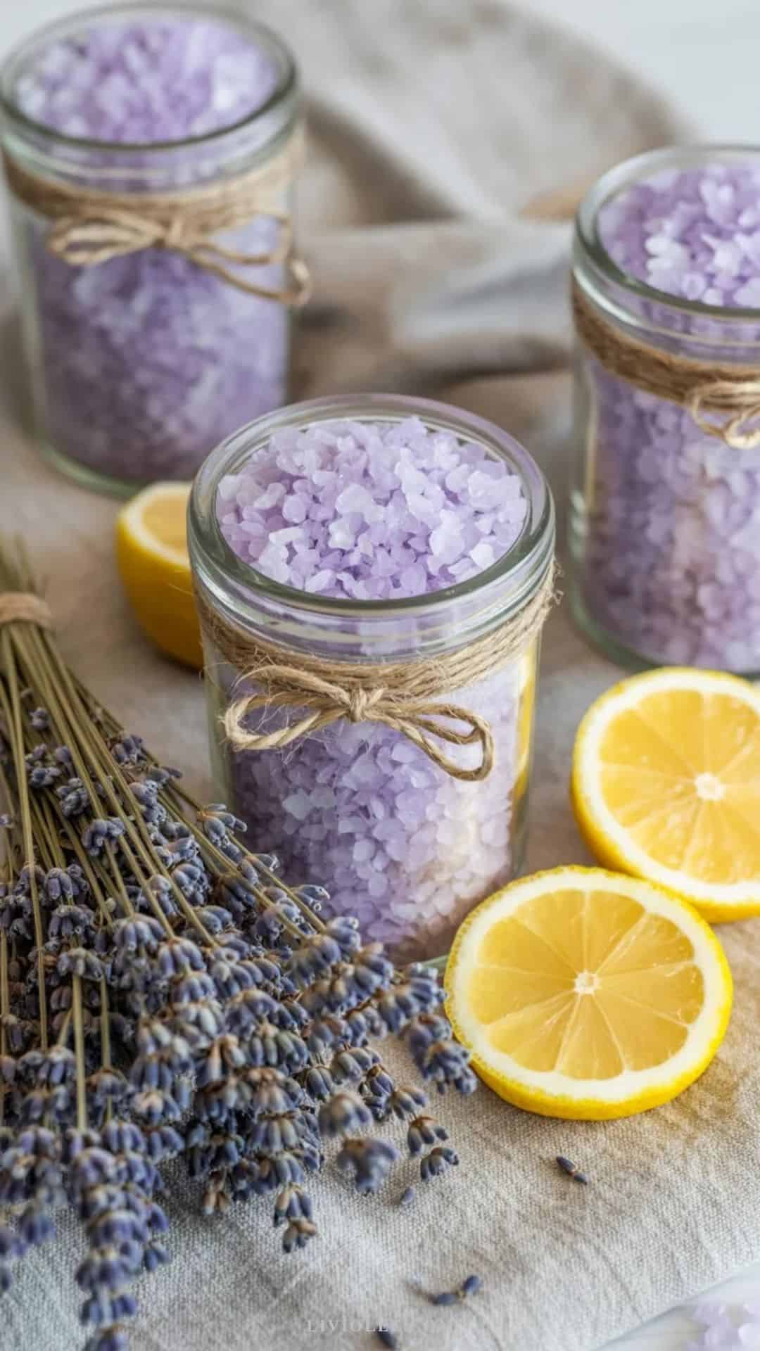 lavender and lemon bath salts displayed with real lavender plants and sliced lemons