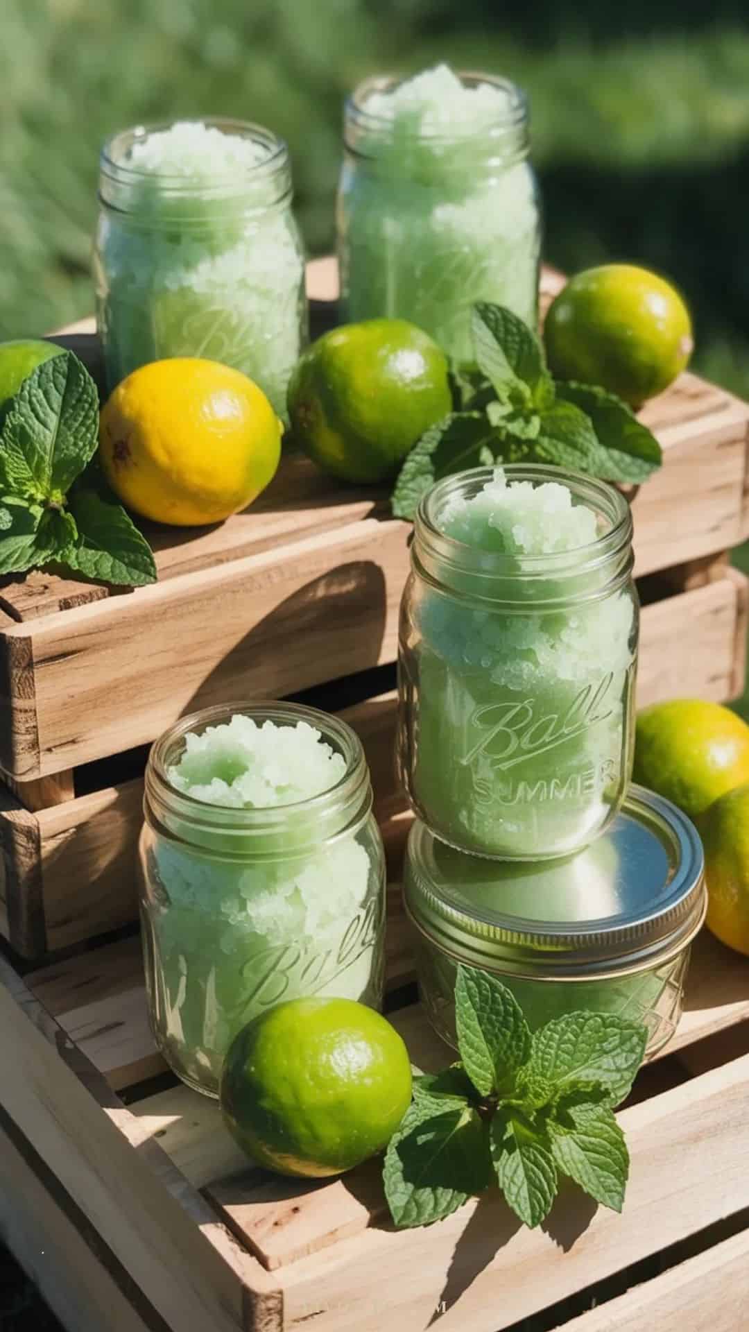 mint sugar scrub displayed with lemon limes and mint