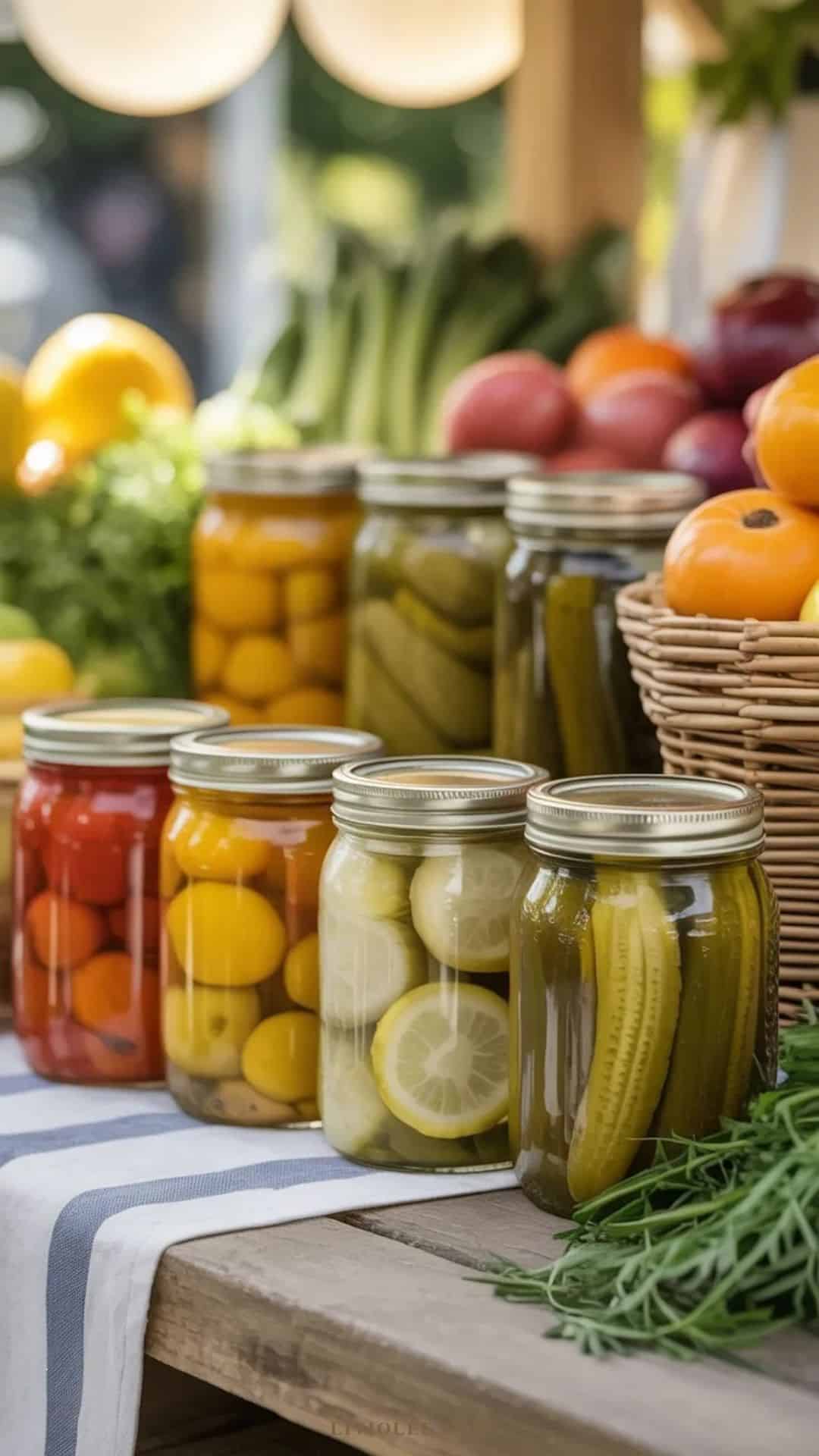 jars of pickled vegetables on a table with fresh produce