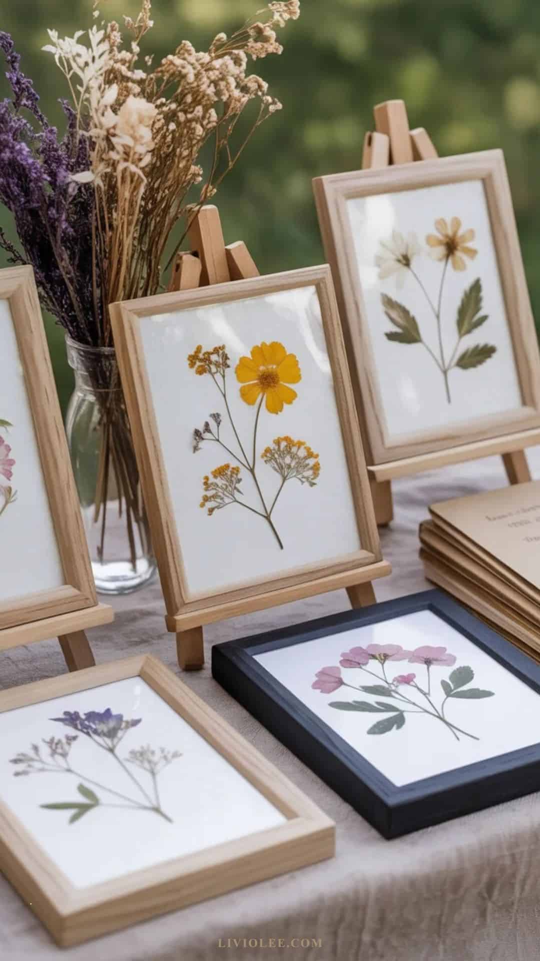collection of pressed flower art on easels in frames on an outdoor table