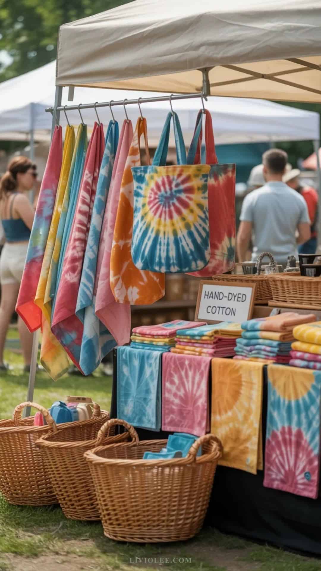 selection of tie dye totes towels and fabrics