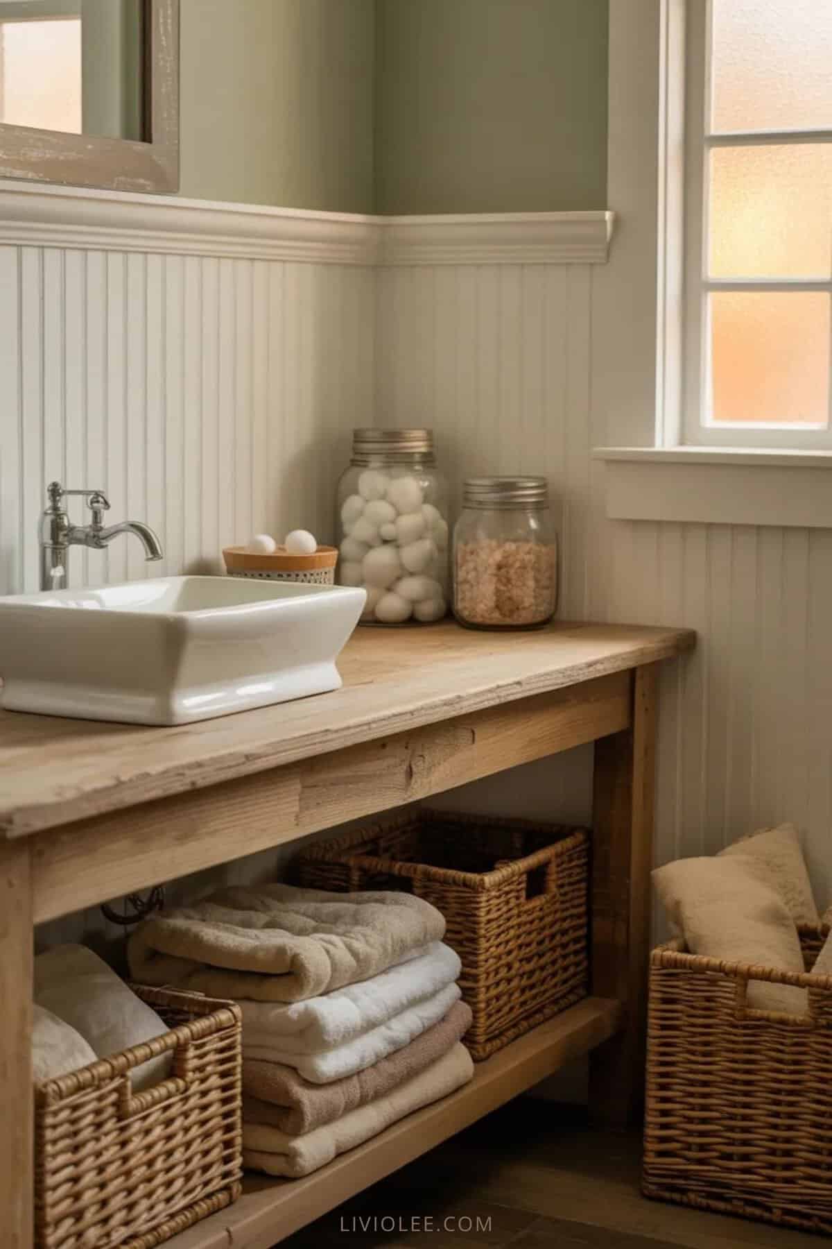 Farmhouse bathroom with beadboard walls, wood vanity, neutral towels, and glass storage jars