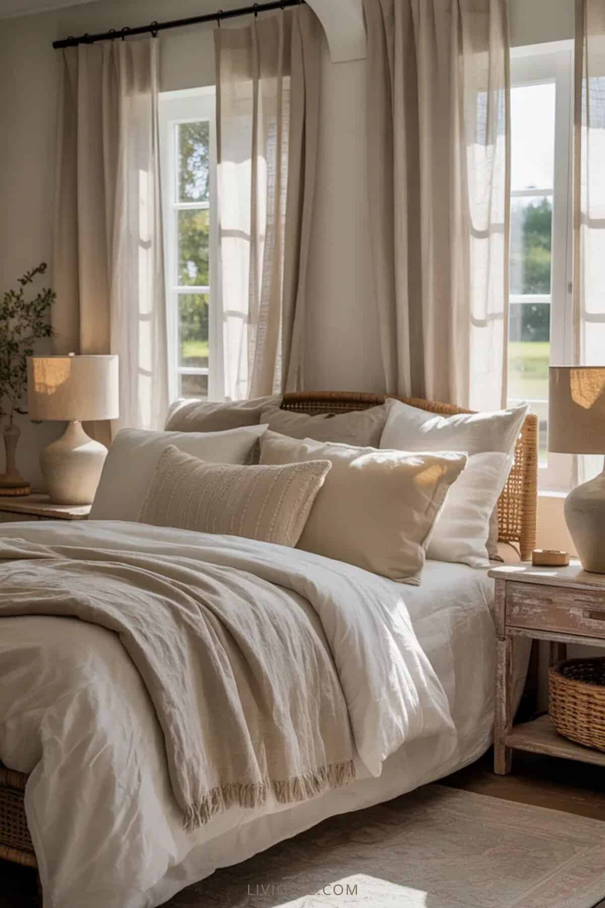 Farmhouse bedroom with layered neutral bedding, wood nightstands, and woven baskets