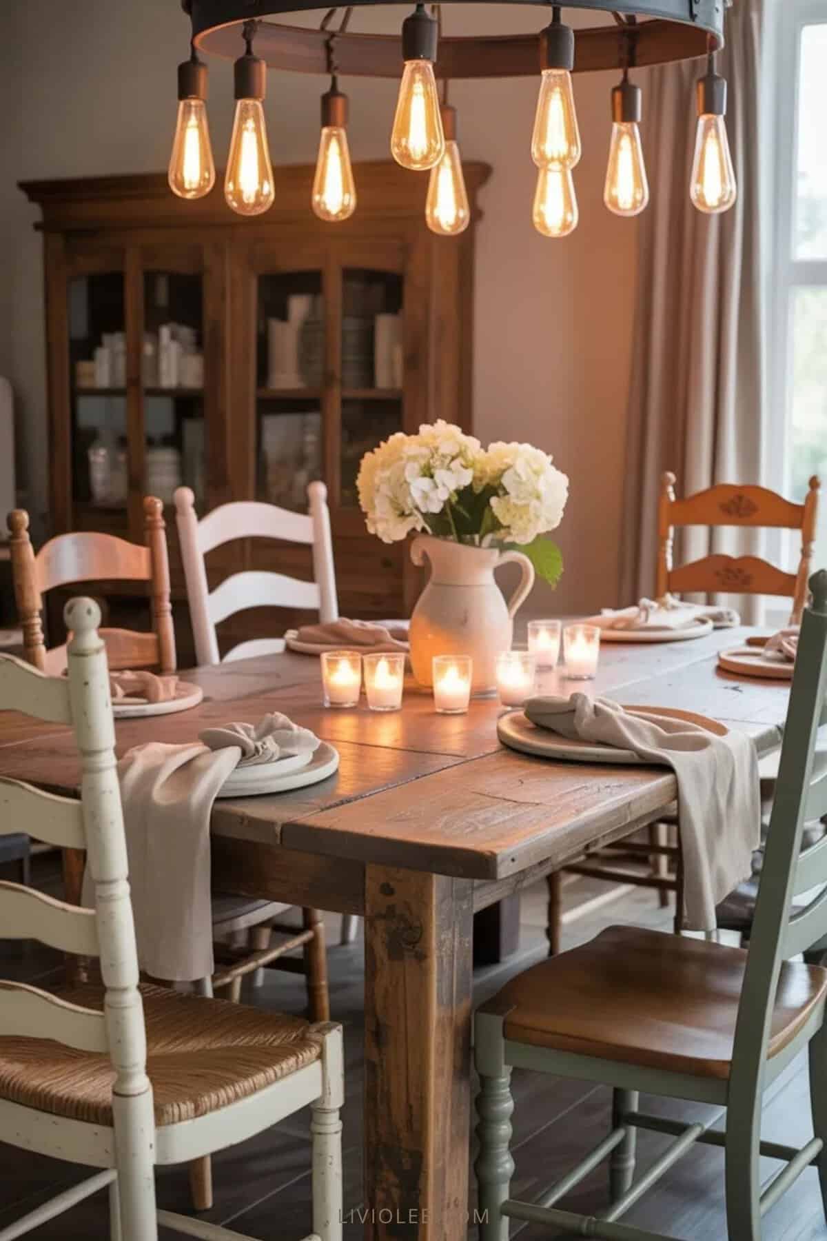 Farmhouse dining room with wood table, mixed chairs, neutral linens, and warm lighting