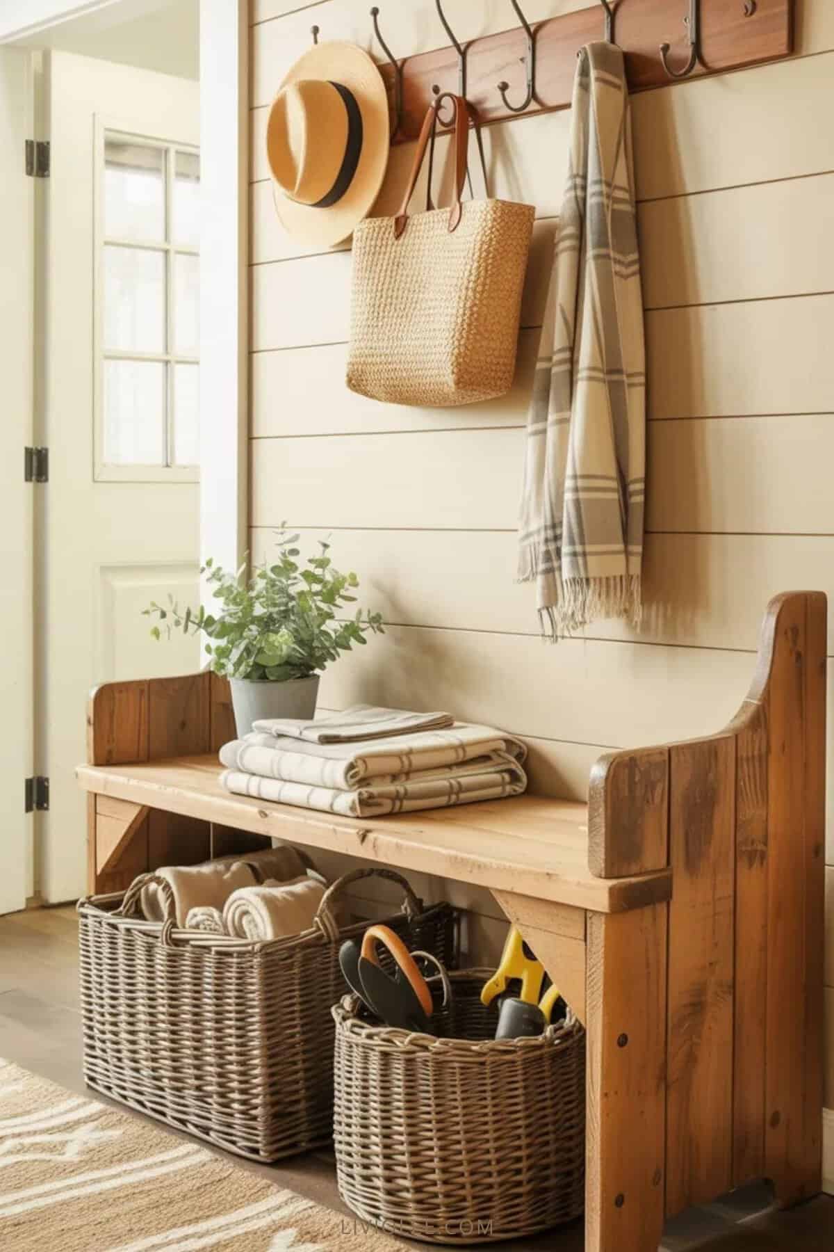 Farmhouse entryway with wood bench, wall hooks, woven baskets, and neutral rug