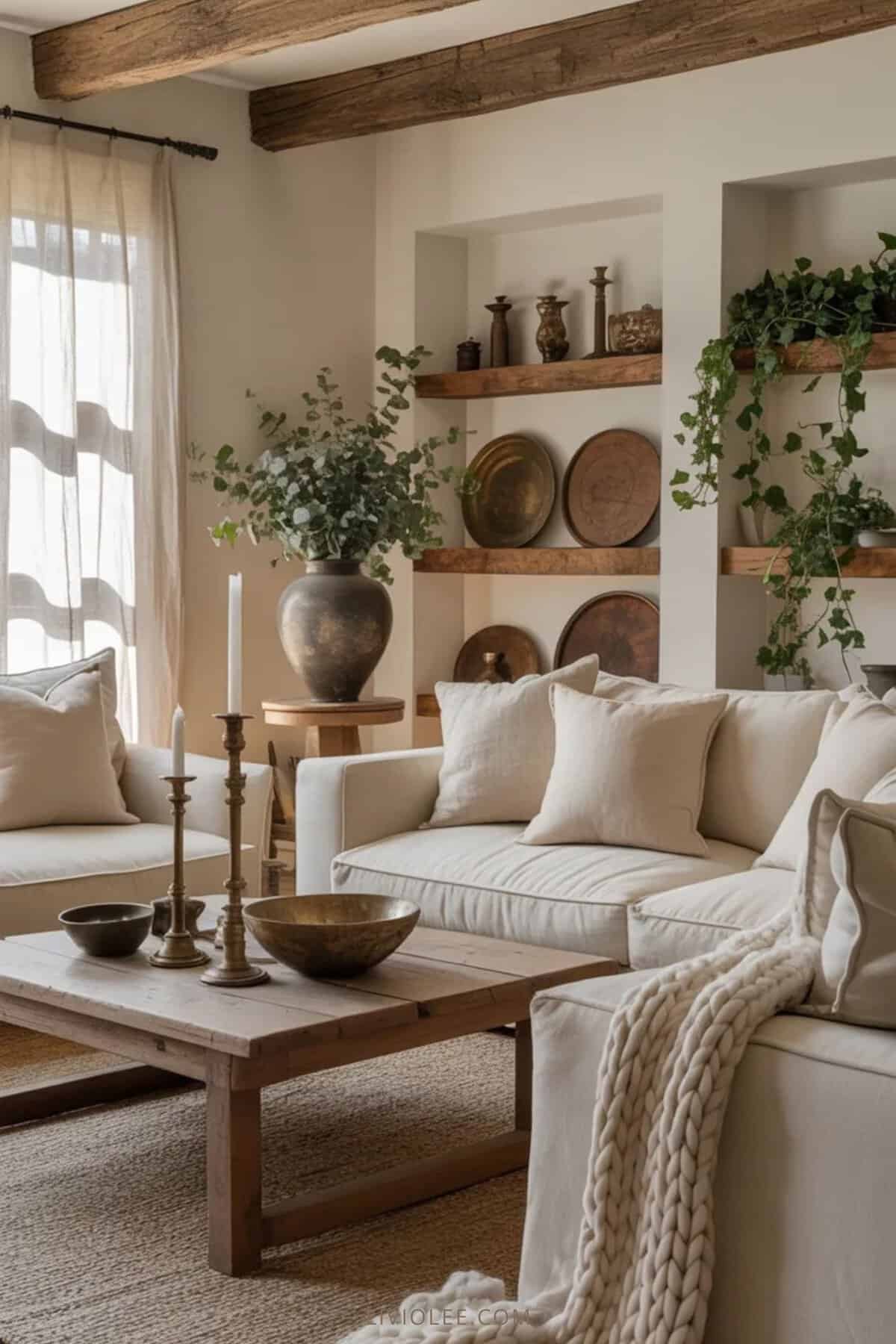 Farmhouse decor details with neutral tones, natural materials, greenery, and soft lighting