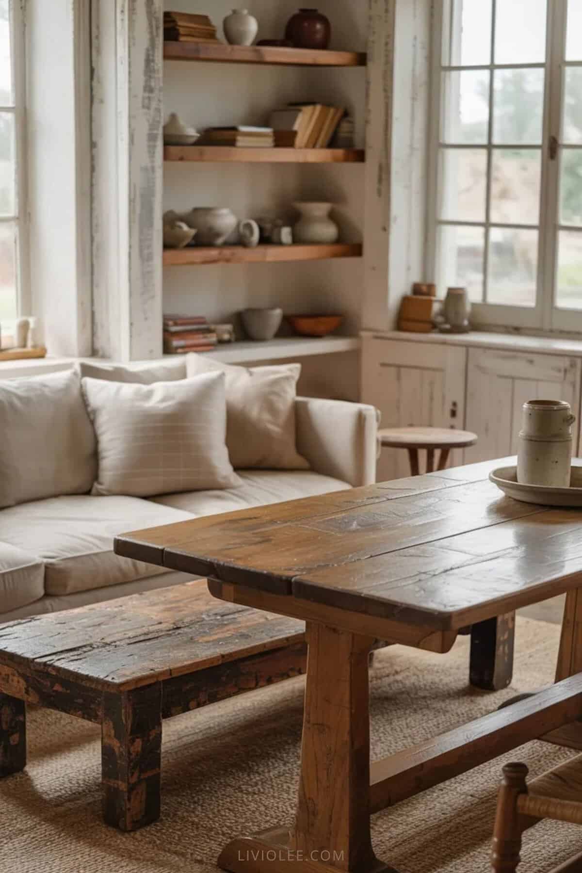 Farmhouse furniture essentials including wood dining table, slipcovered sofa, and reclaimed wood coffee table