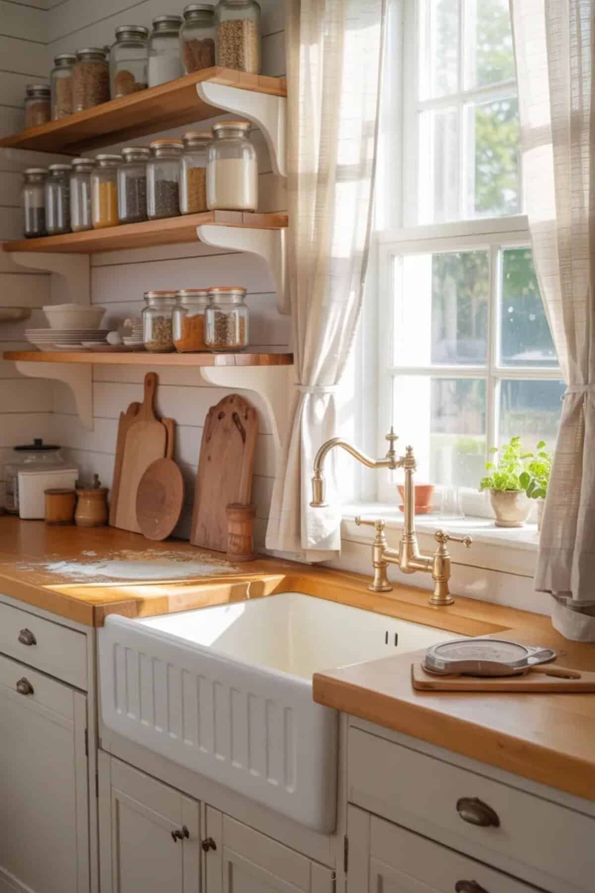 Farmhouse kitchen with apron sink, open shelving, glass jars, and warm wood accents