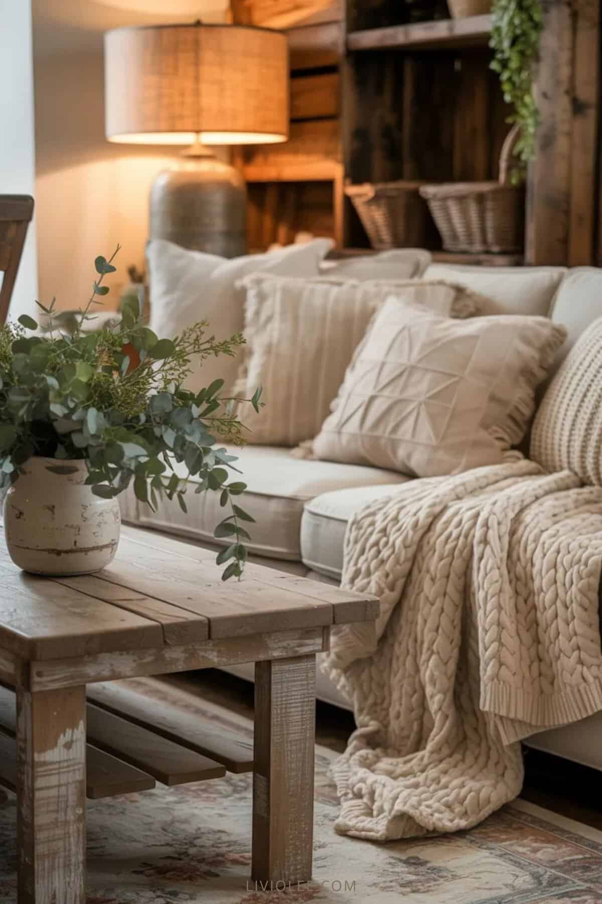 Cozy farmhouse living room with neutral pillows, knit throw, vintage rug, and soft lighting