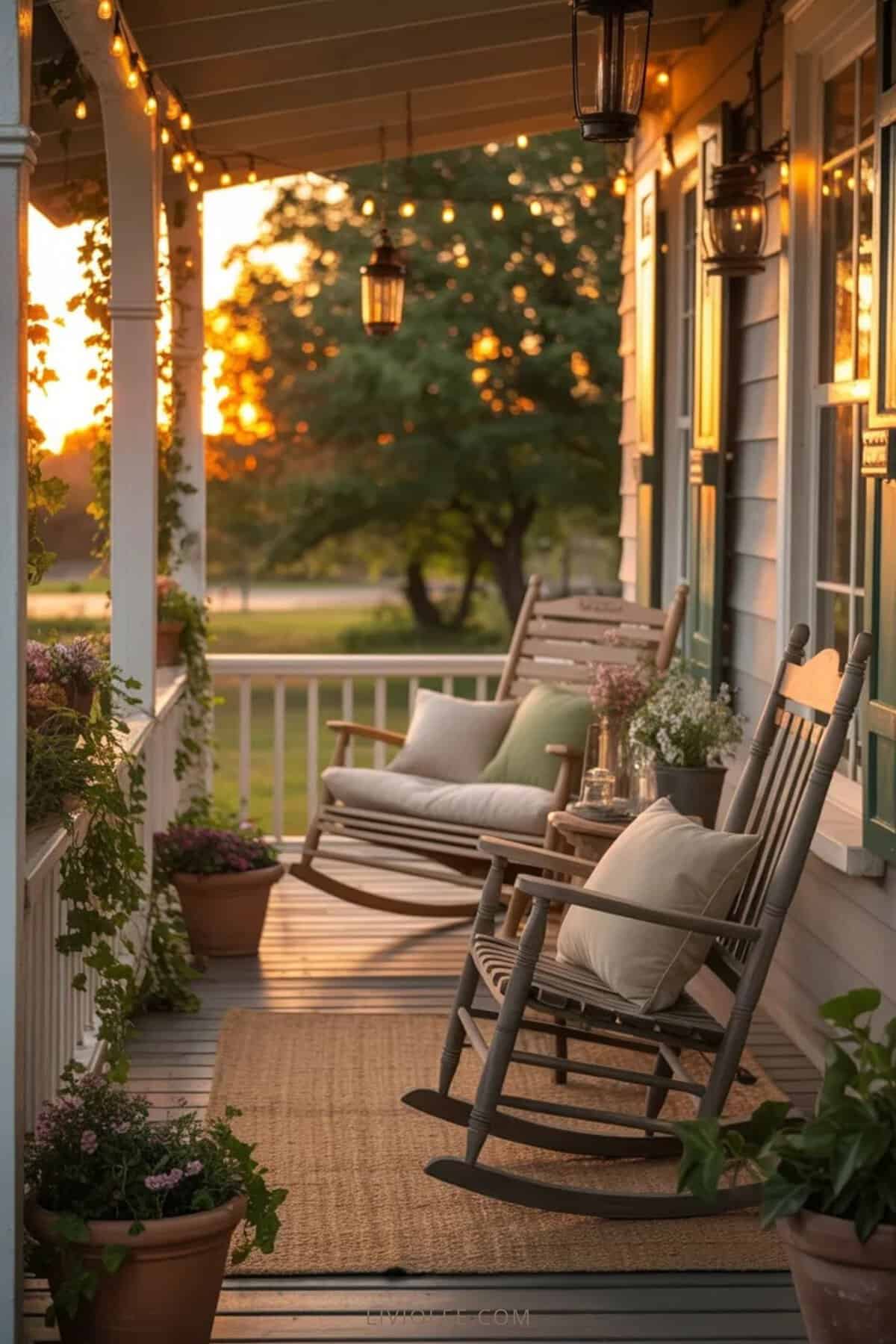 Farmhouse porch with rocking chairs, lanterns, planters, and warm string lights