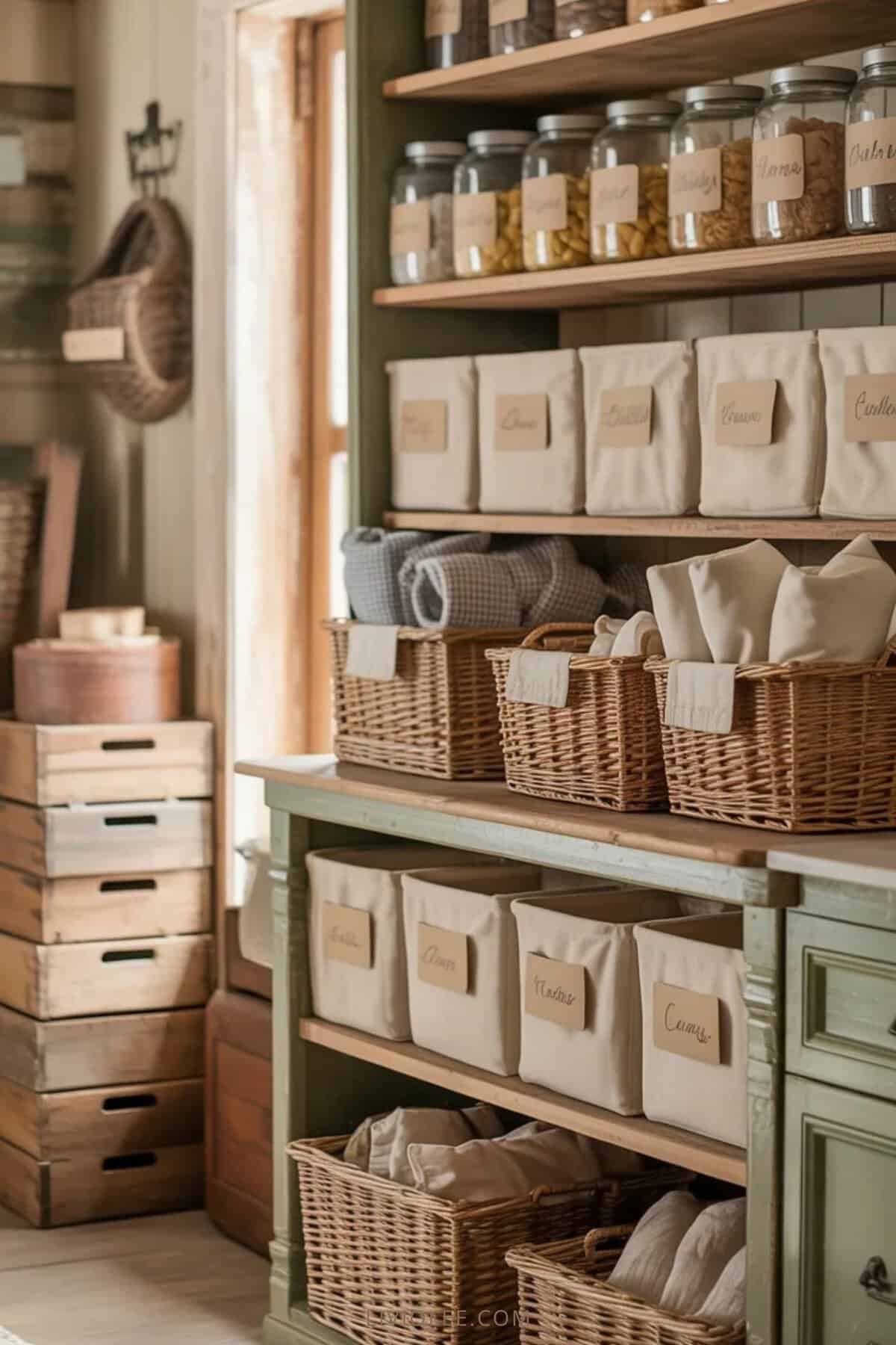 Farmhouse storage ideas with wood crates, labeled bins, woven baskets, and open shelves