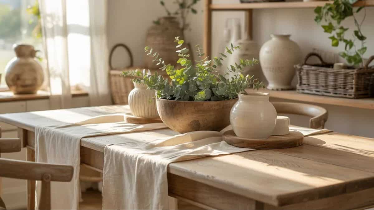 Farmhouse decor must-haves styled in a cozy neutral home with wood furniture, soft textiles, and natural light