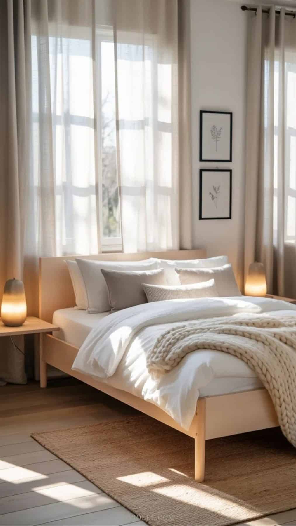 Scandinavian bedroom with neutral bedding and light wood furniture