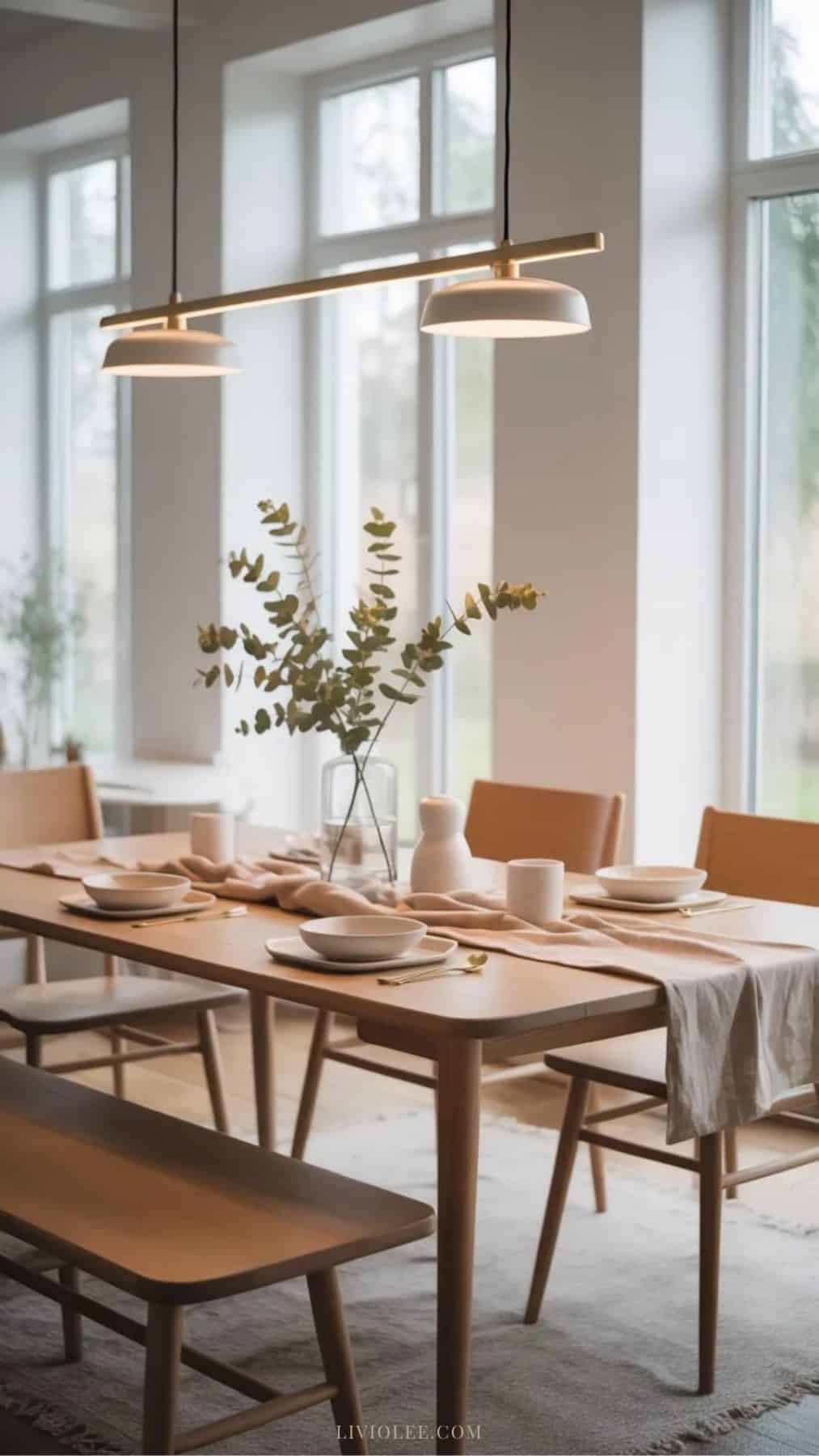 Scandinavian dining room with wood table, neutral styling and soft lighting