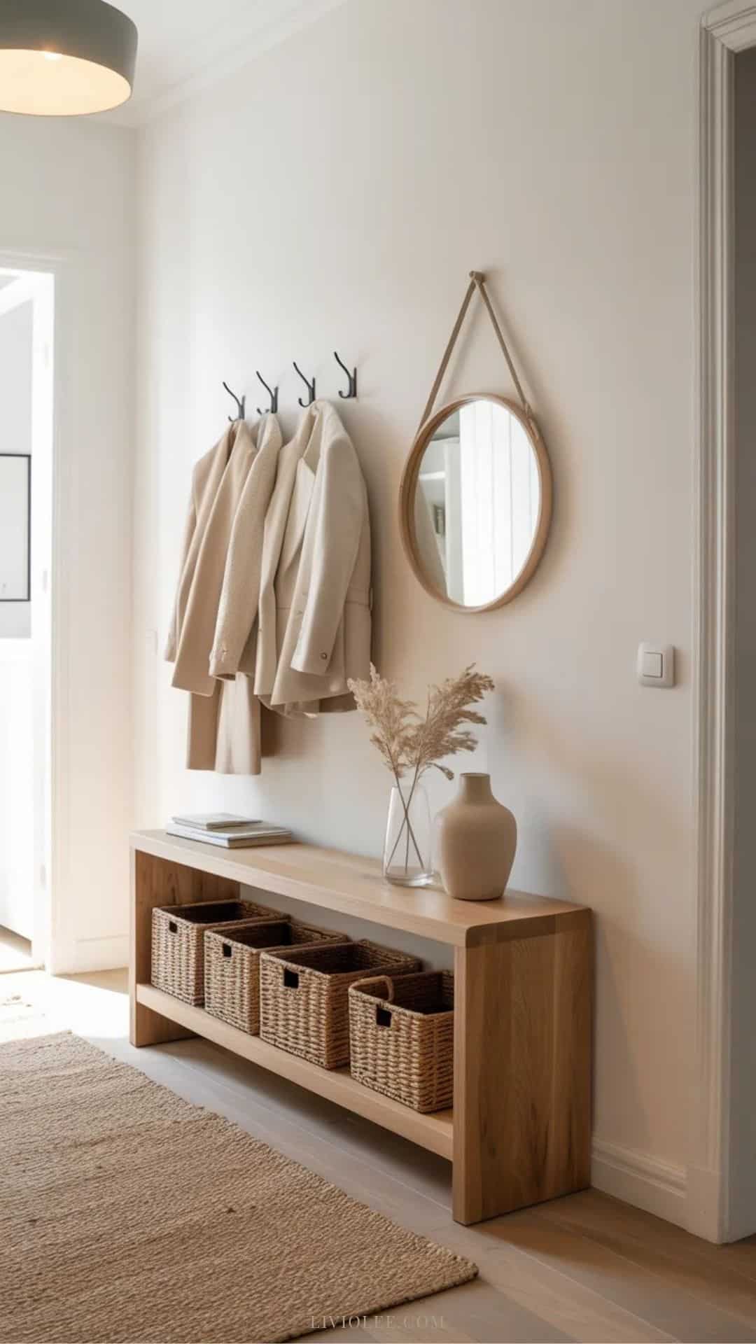 Scandinavian entryway with wood console and minimal decor