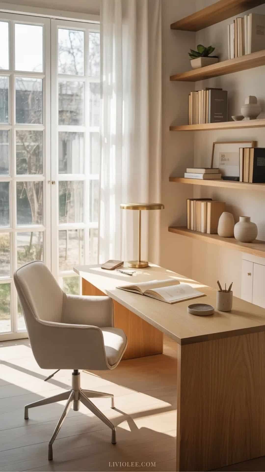 Scandinavian home office with wood desk and minimal decor