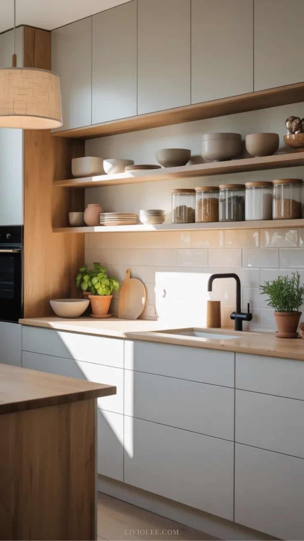 Scandinavian kitchen with off white cabinets, wood shelves and minimal decor
