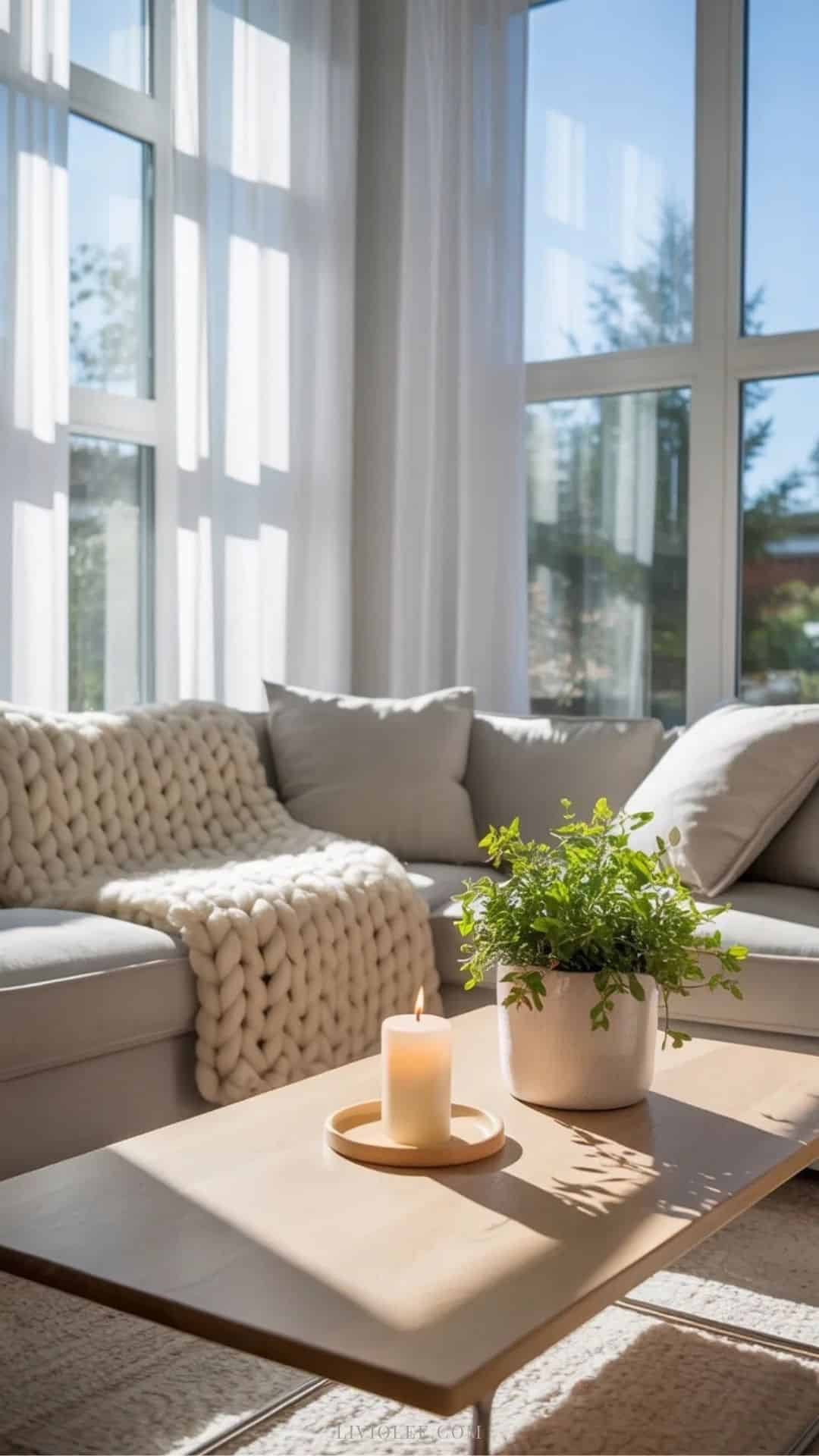 Scandinavian living room with neutral sofa, wood table and soft textures