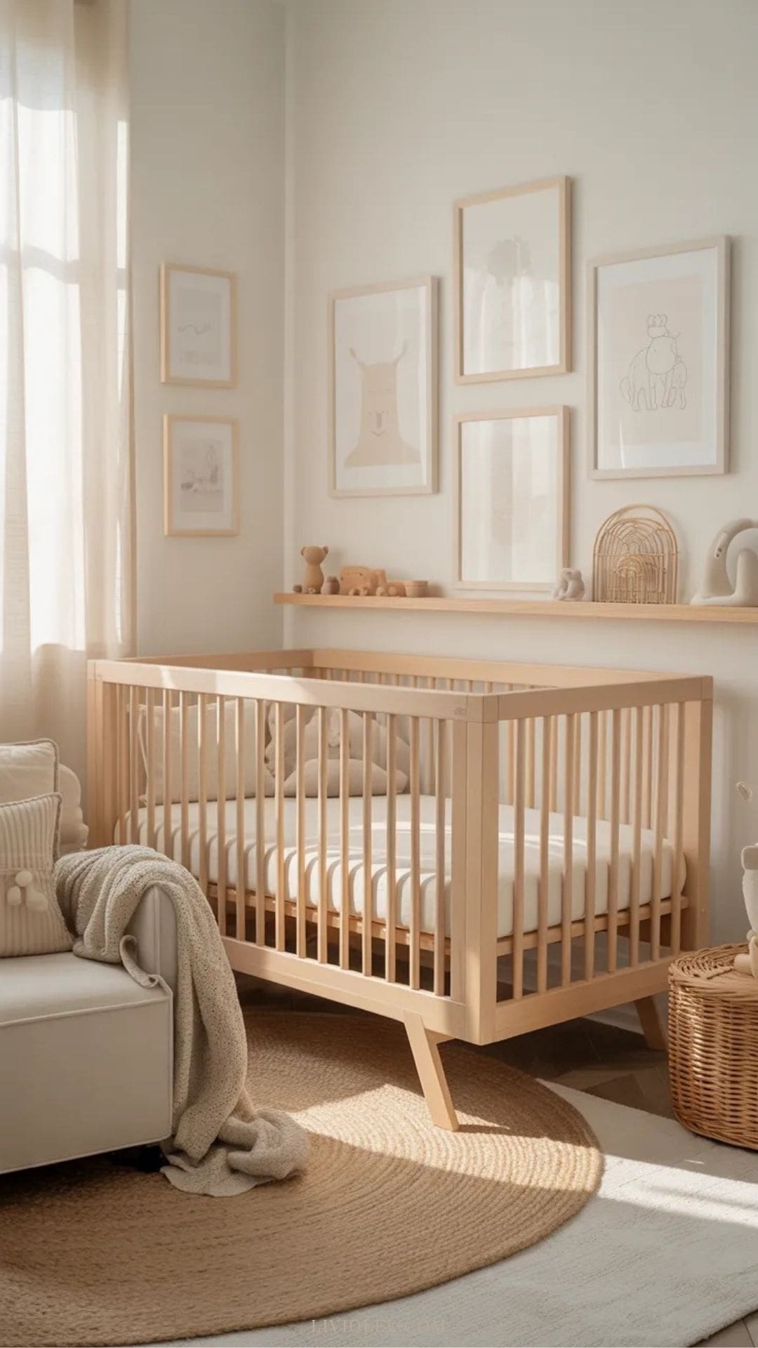 Scandinavian nursery with wall art, wooden crib and neutral decor