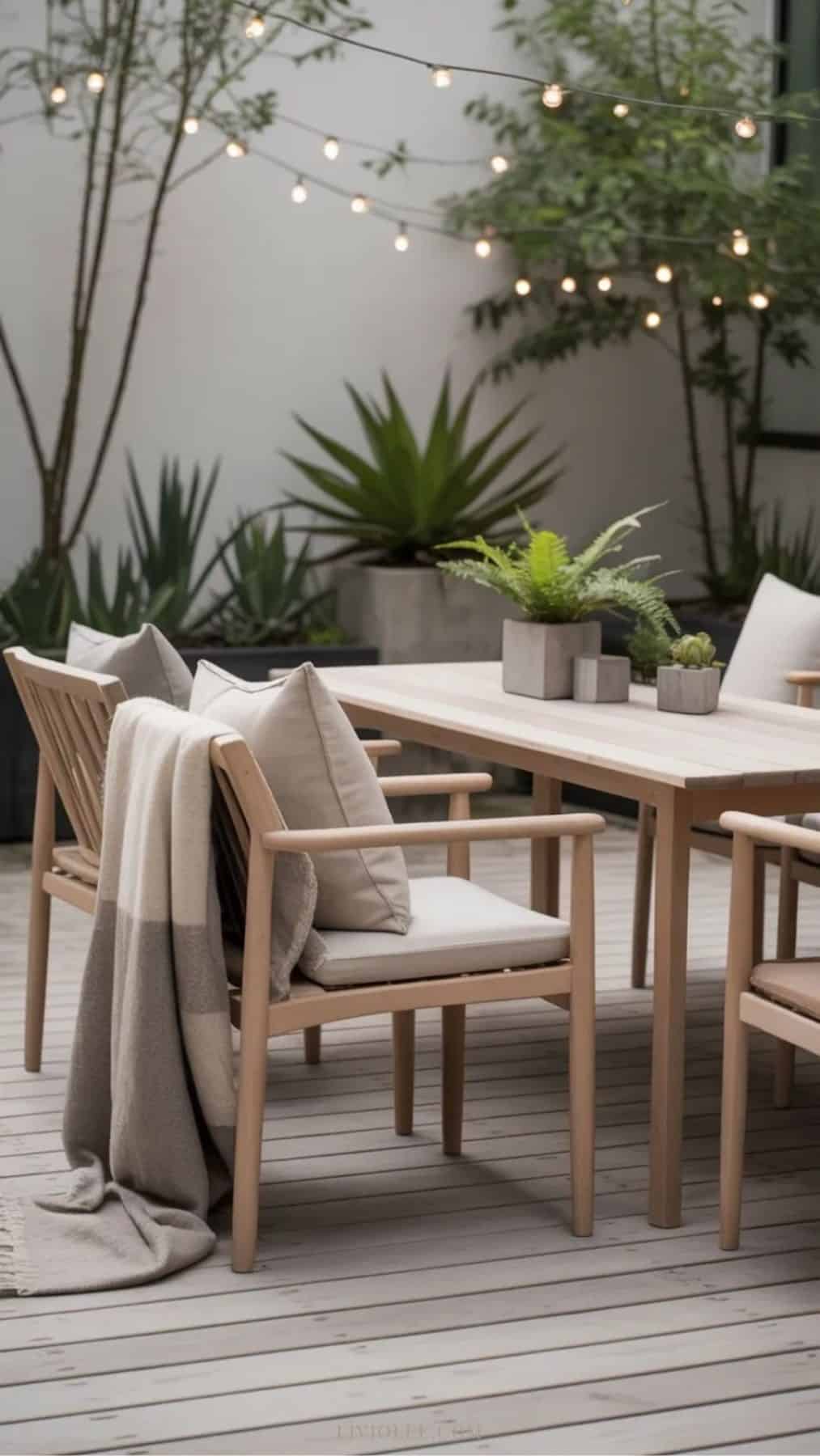Scandinavian outdoor space with wood furniture and neutral decor