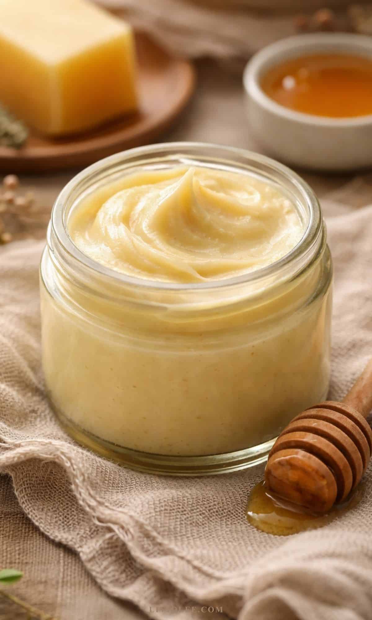 honey and tallow skin balm in a glass jar
