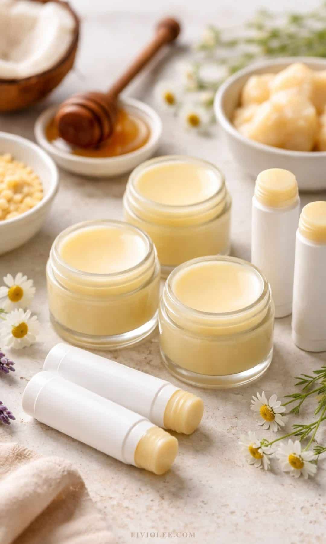 Homemade tallow lip balm in small glass jars and white tubes on a linen cloth with natural ingredients like beeswax and oil
