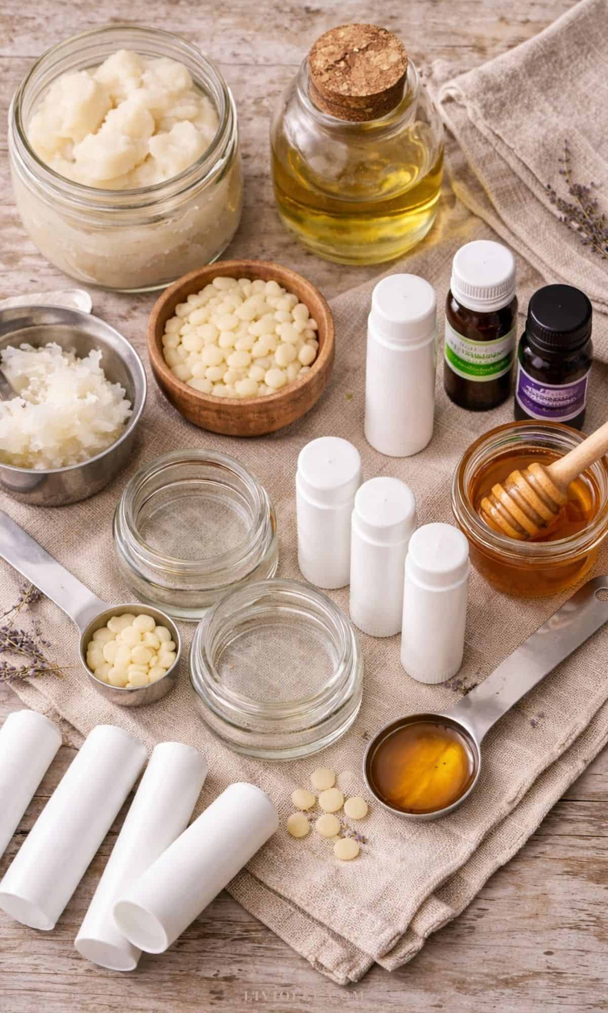 Ingredients and tools for making tallow lip balm including beef tallow, beeswax pellets, coconut oil, honey, essential oils, jars, and lip balm tubes