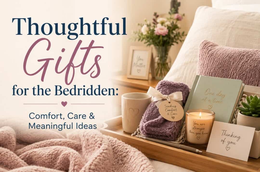 Soft, cozy bedroom scene featuring thoughtful gifts for someone bedridden, including a plush blanket, comfort socks, candle, journal, flowers, and tea tray