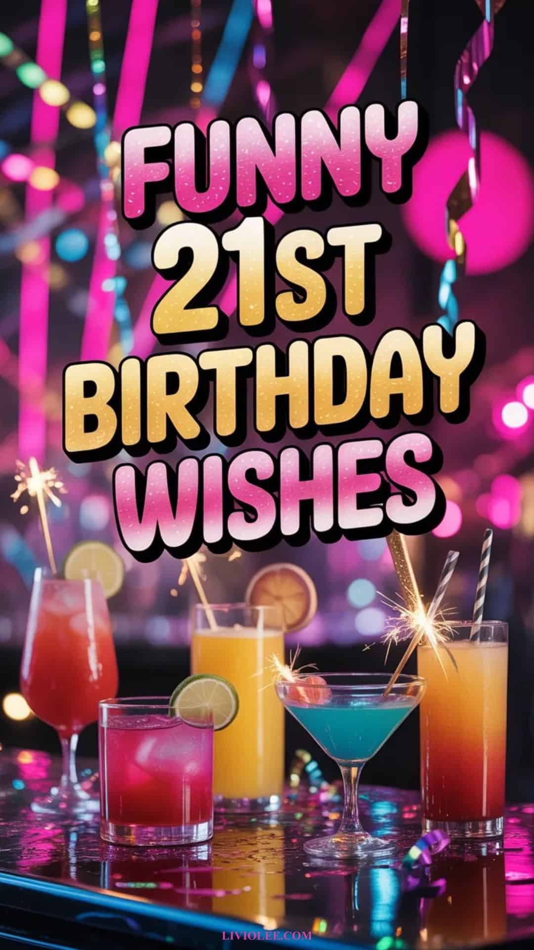 Funny 21st birthday wishes for her with cocktails and vibrant party theme