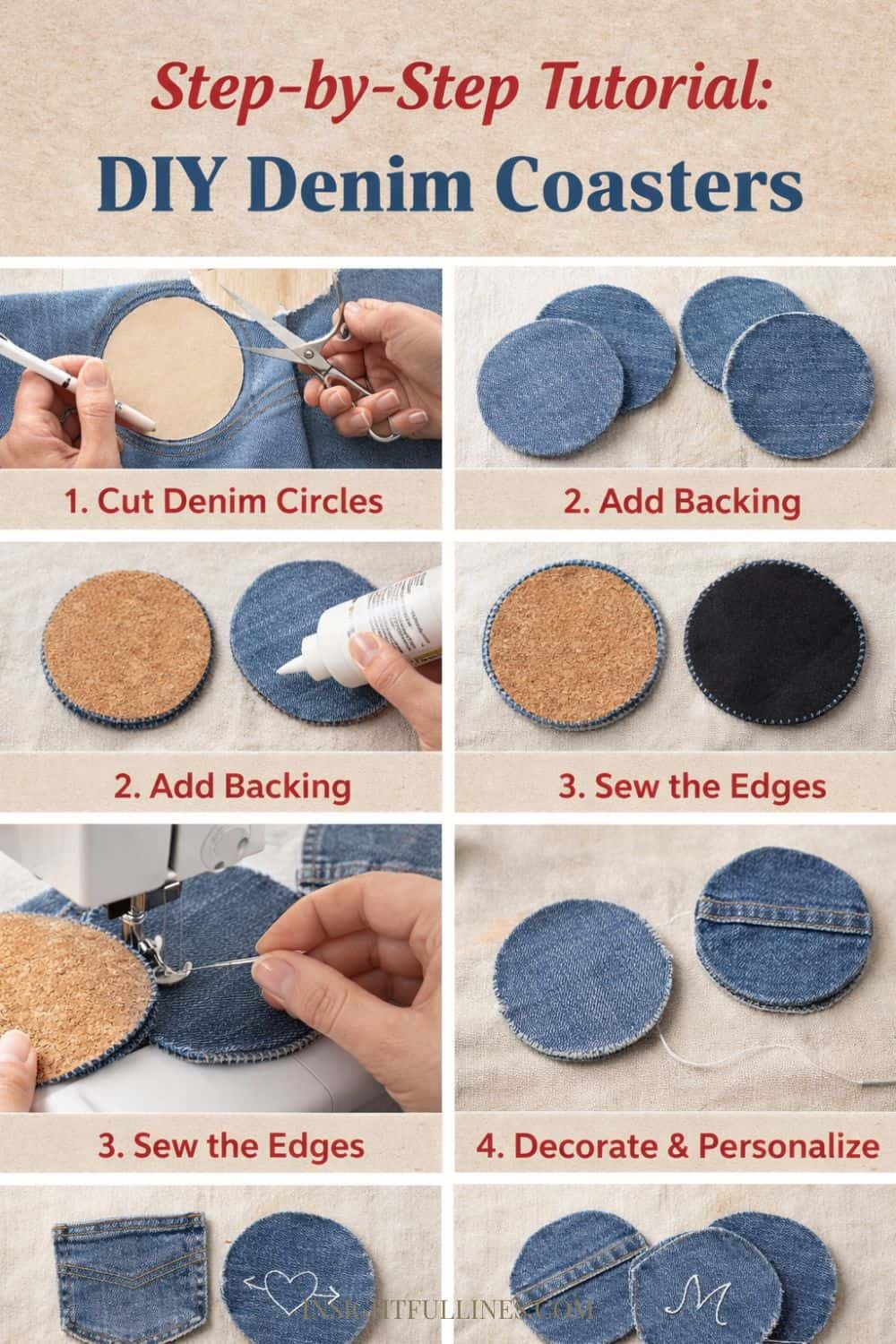 step by step denim coasters