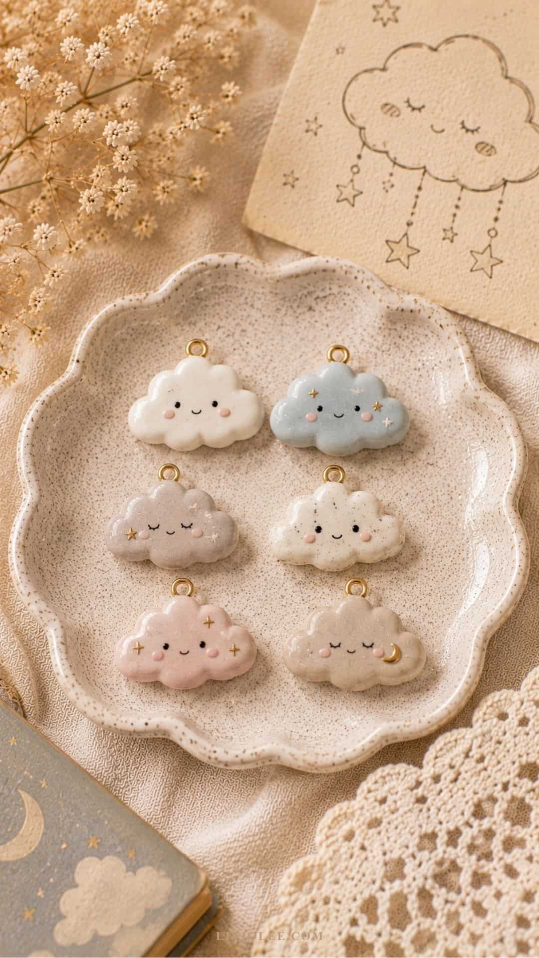 air dry clay cloud charms in soft pastel cream, blush, beige, and blue tones