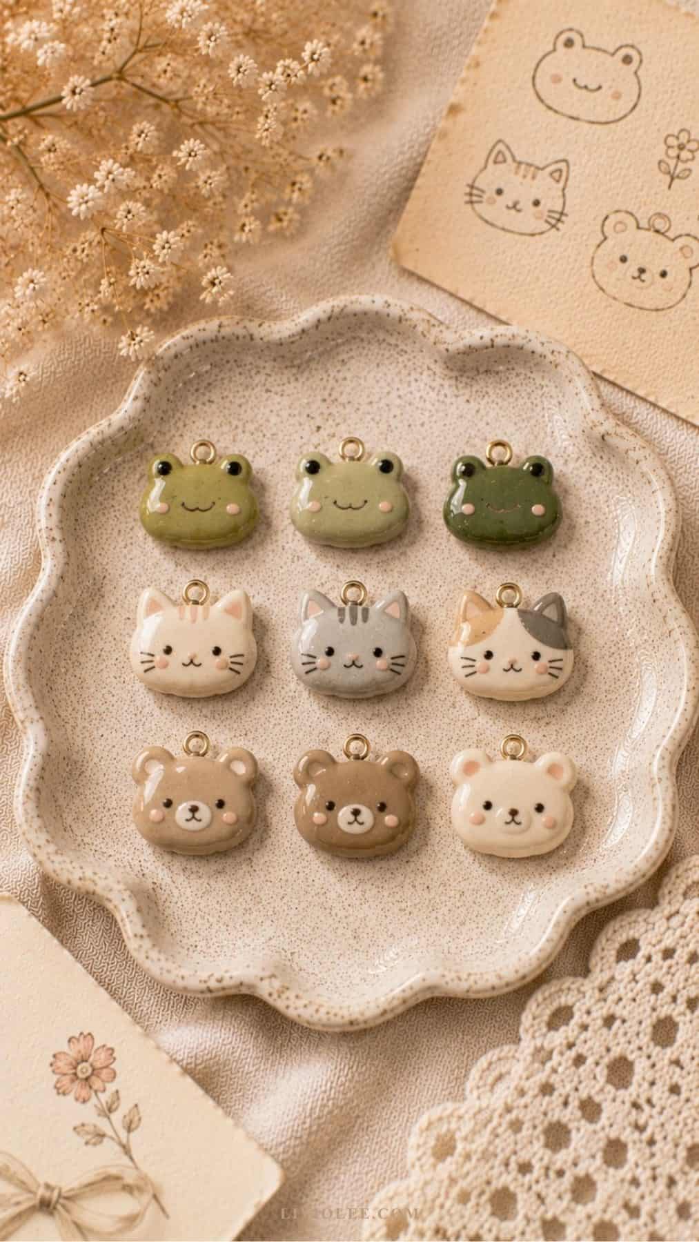 air dry clay animal face charms featuring frogs, cats, and bears