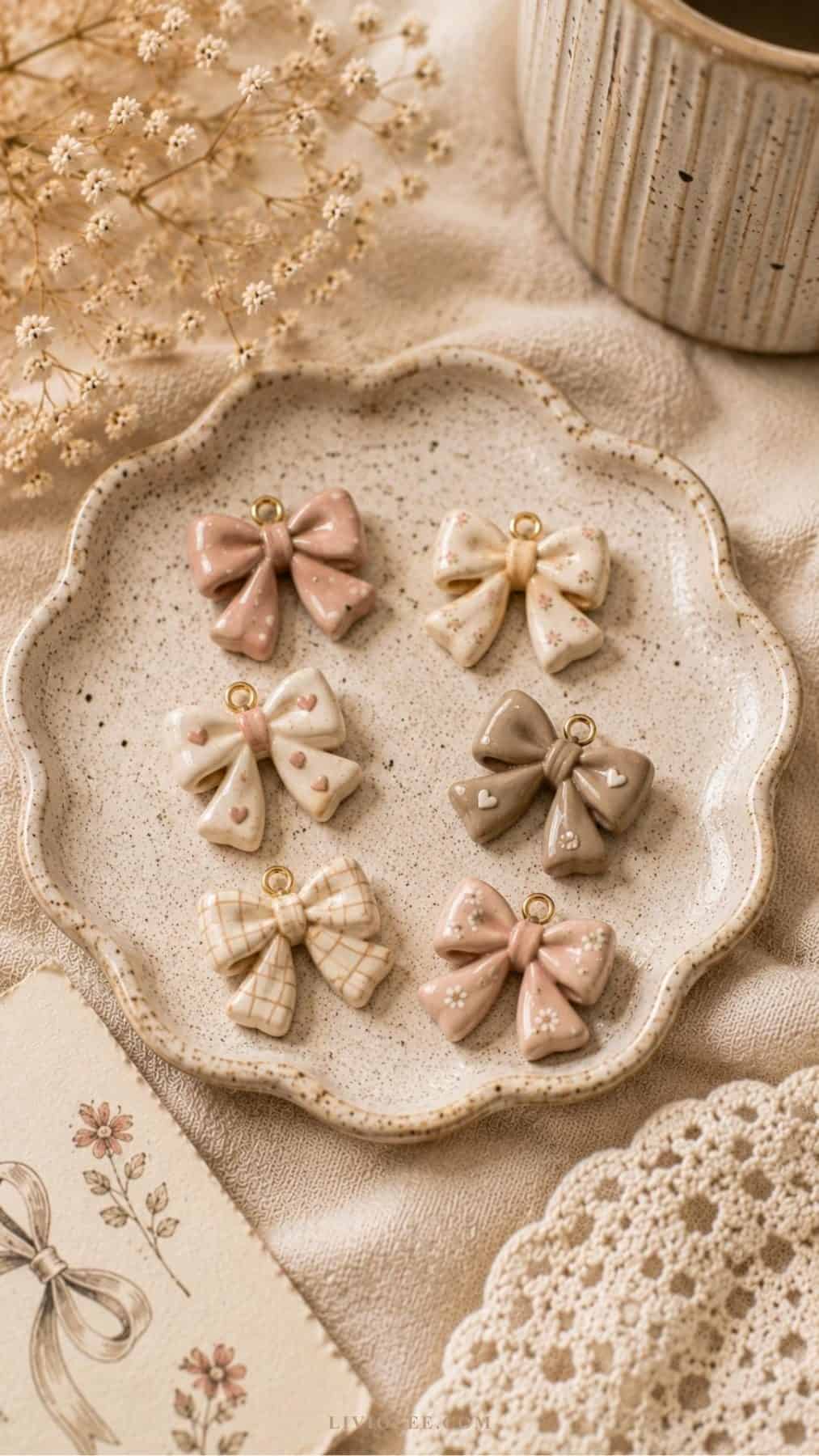 handmade air dry clay bow charms in soft pink, cream, and neutral tones