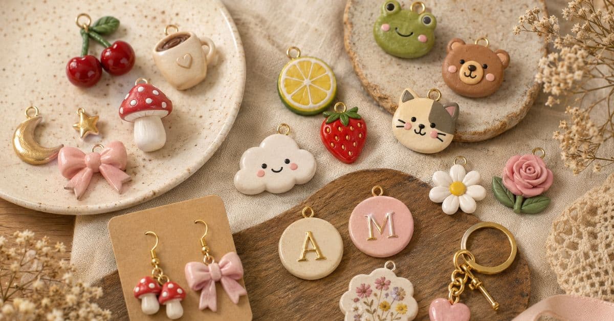 collection of handmade clay charms including cherries, mushrooms, moons, stars, bows, clouds, flowers, animal faces, fruit slices, coffee cups, and personalized initial charms