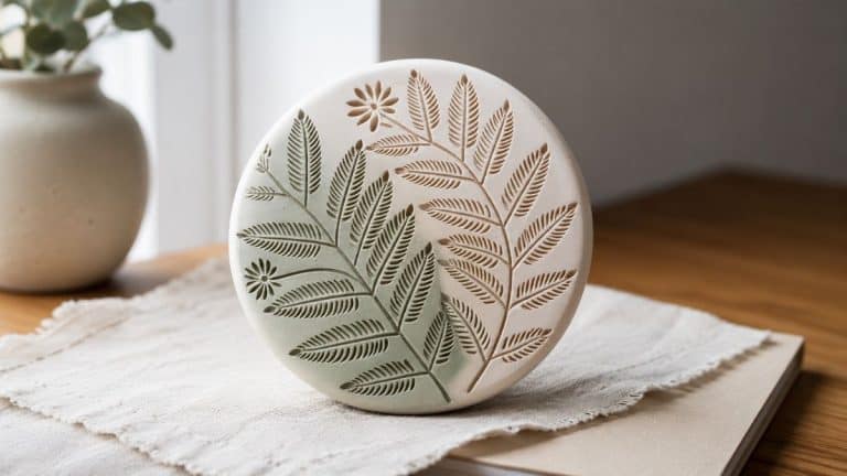 Handmade embossed clay paperweight with delicate botanical leaf patterns, styled on soft linen atop stacked books on a wooden table in warm natural light.