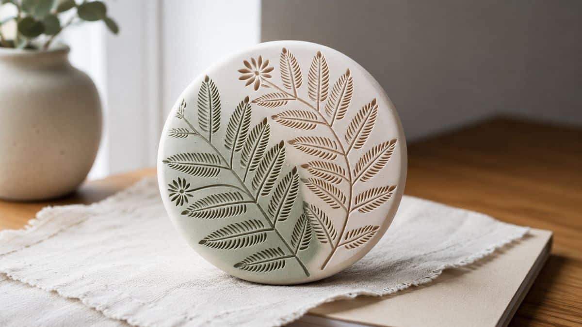 Handmade embossed clay paperweight with delicate botanical leaf patterns, styled on soft linen atop stacked books on a wooden table in warm natural light.