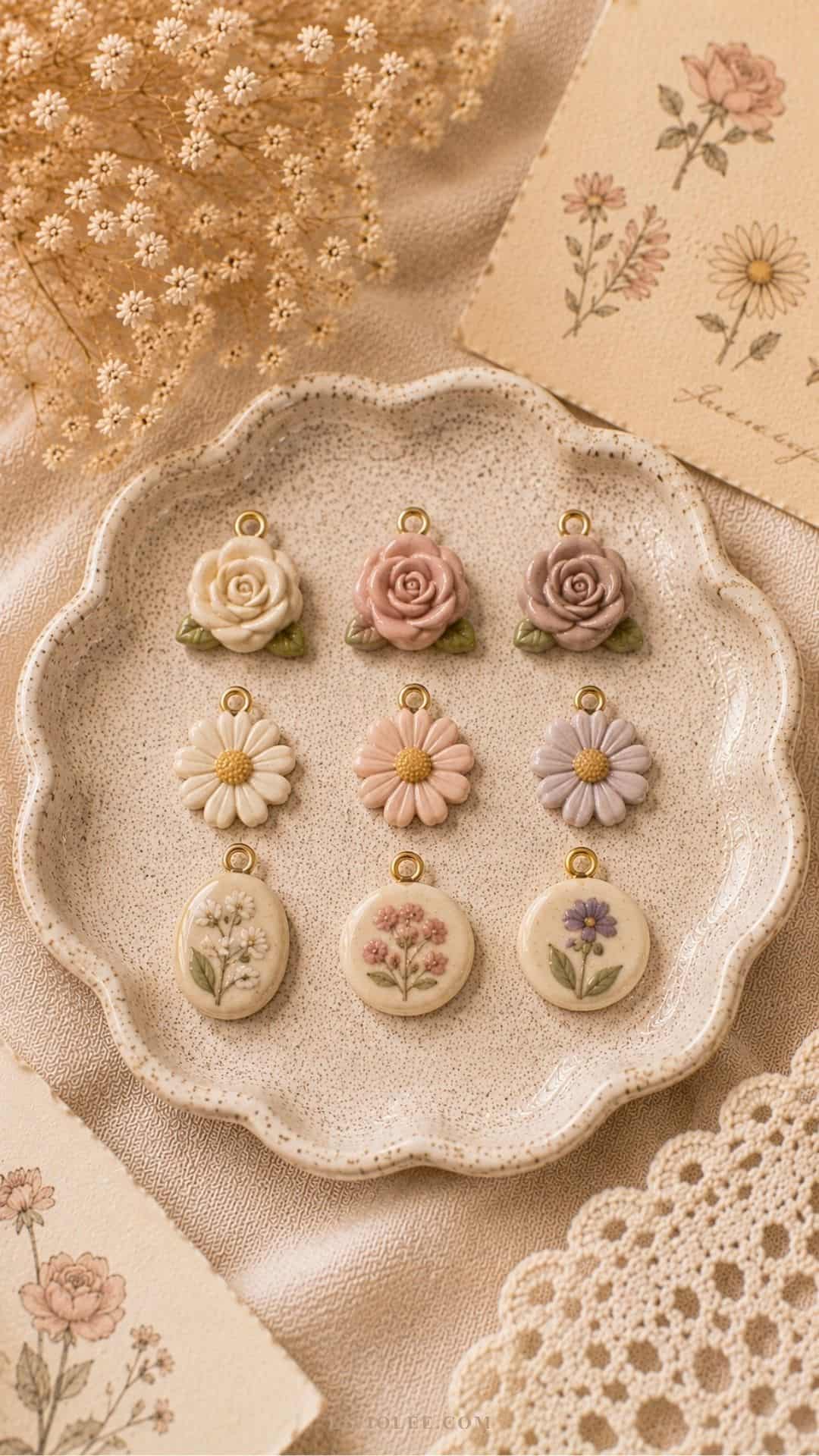 air dry clay floral charms featuring roses, daisies, and pressed flower designs