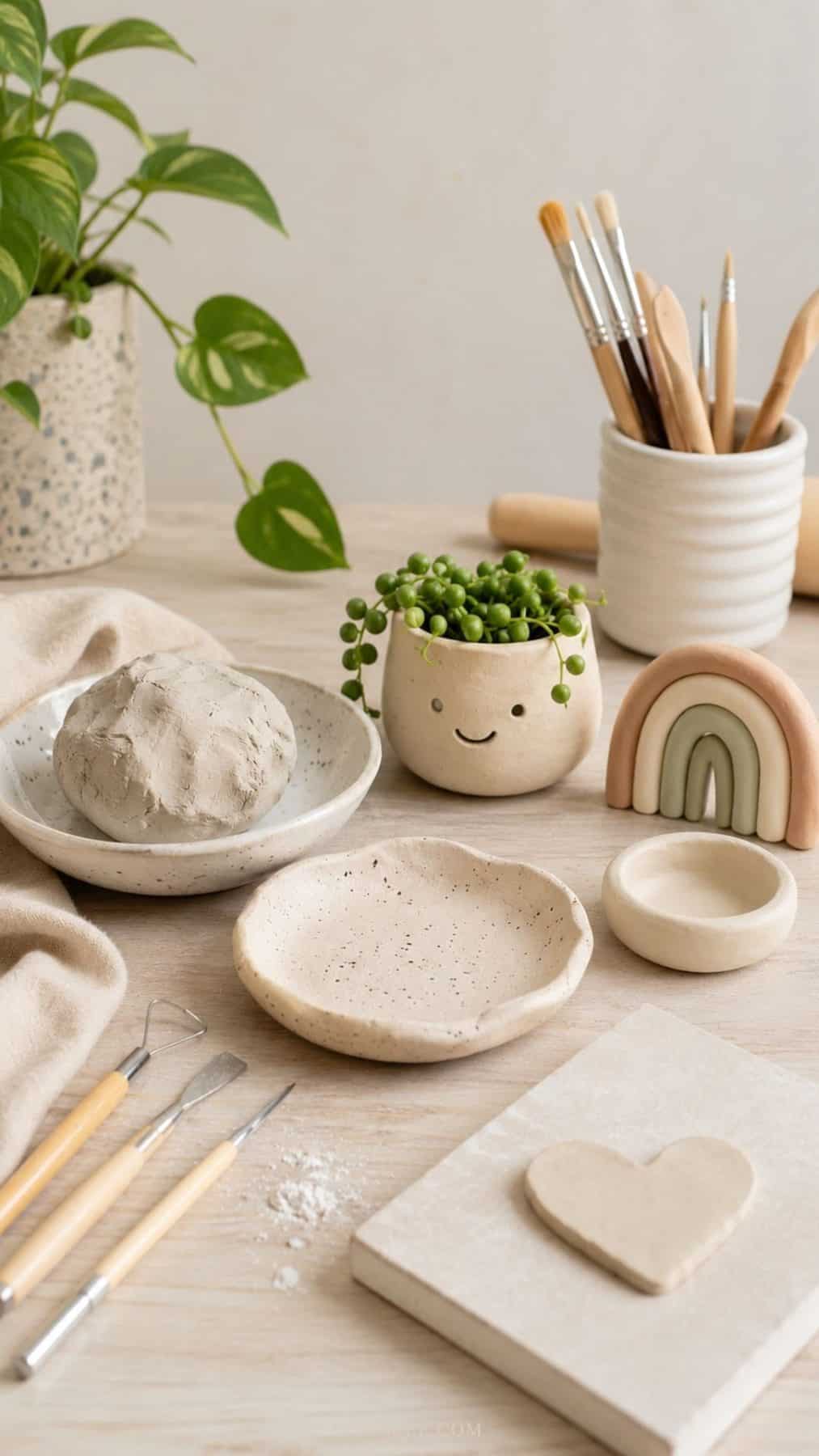 air dry clay workspace featuring handmade clay bowls, a small rainbow sculpture, simple clay tools, a ball of raw clay, and a tiny planter