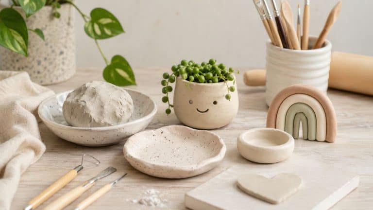 air dry clay workspace featuring handmade clay bowls, a small rainbow sculpture, simple clay tools, a ball of raw clay, and a tiny planter