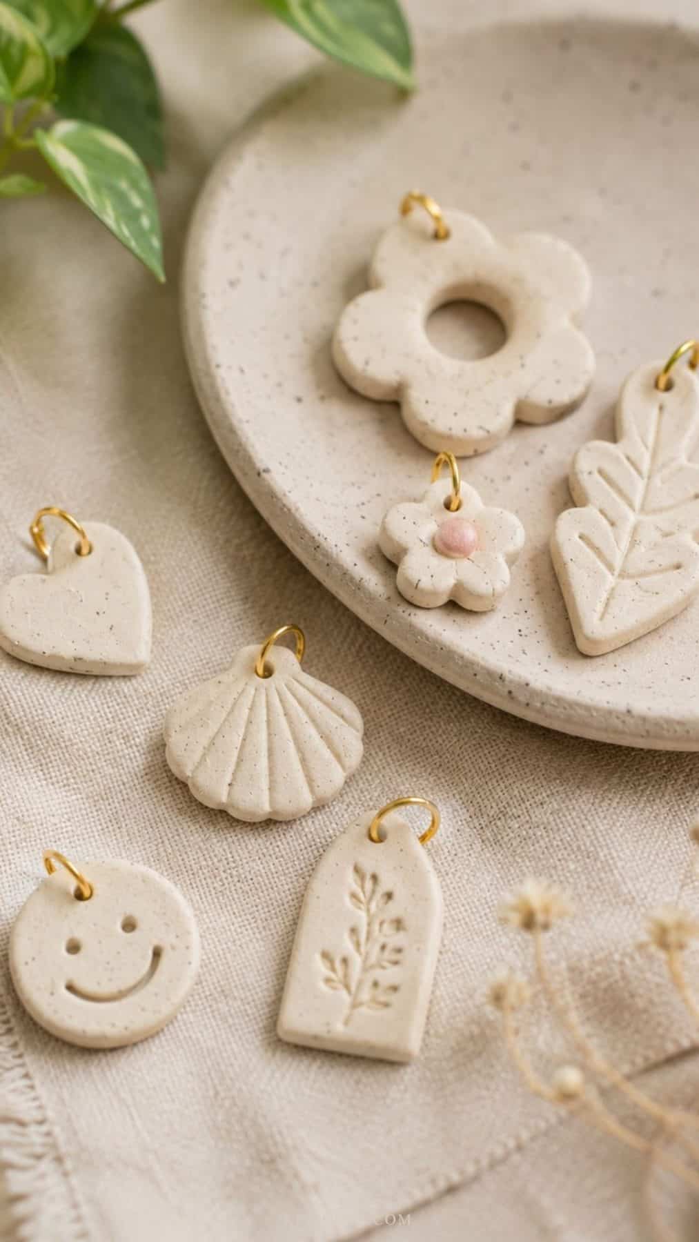 air dry clay charms in soft neutral tones arranged on beige linen fabric beside a ceramic dish