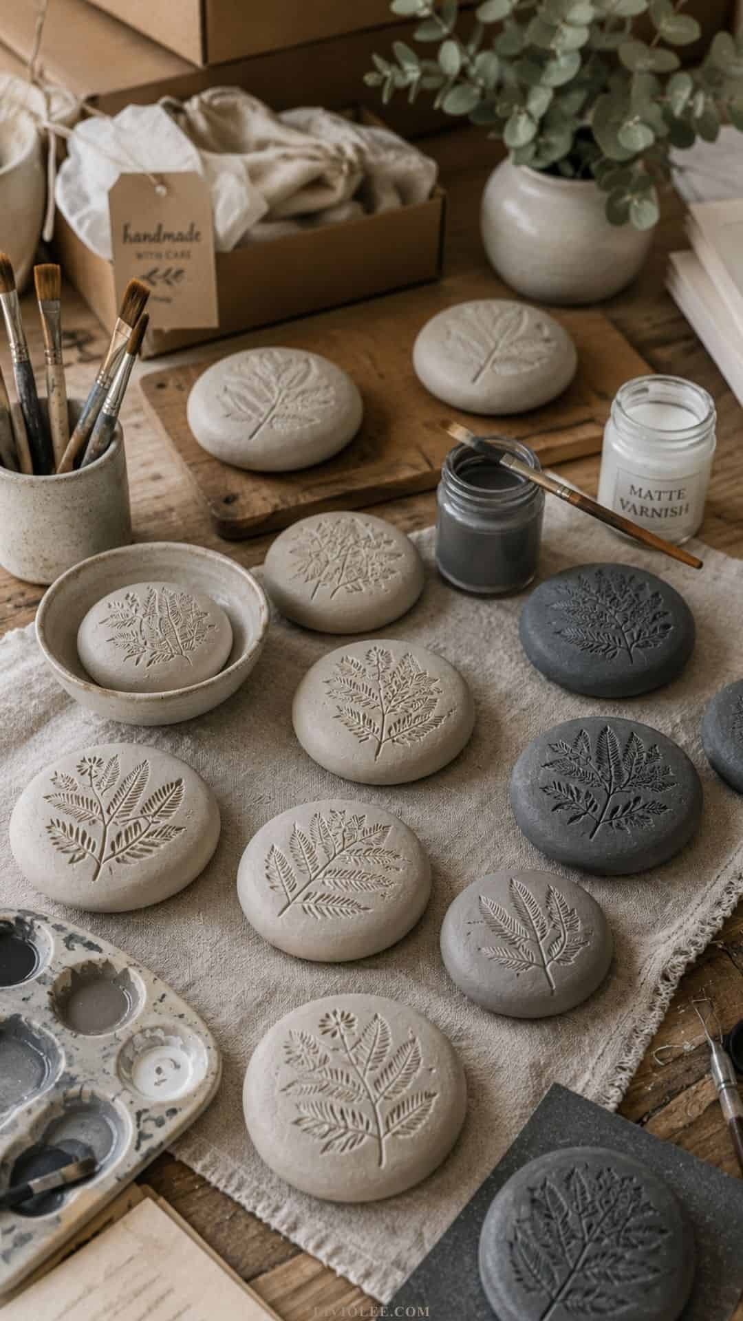 Worktable filled with handmade embossed clay paperweights in various stages of drying and painting, styled with brushes, matte varnish, linen fabric, and pottery tools